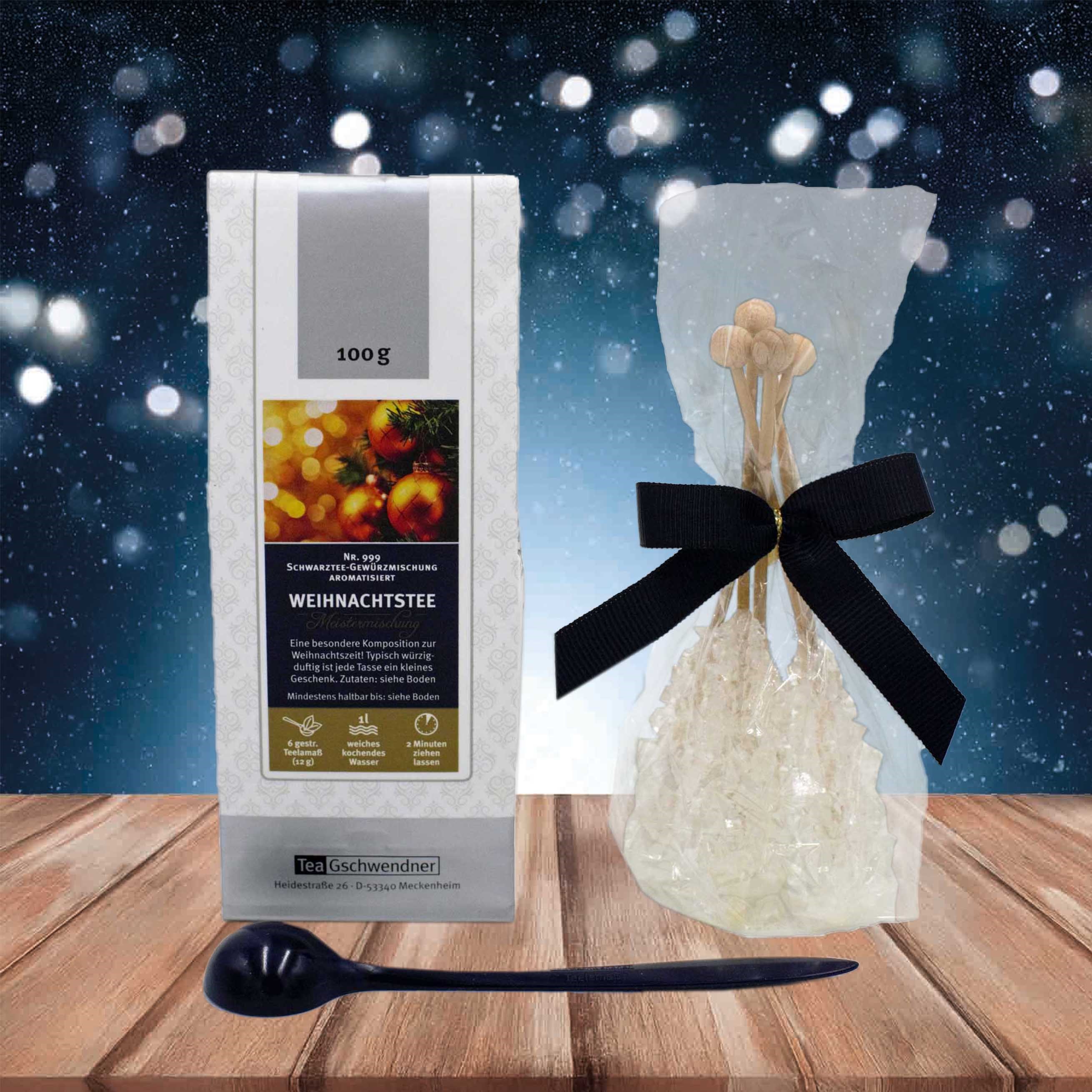 Weihnachtstee von TeeGschwendner mit Kandis und Löffel, Weihnachtstee, Schwarztee-Mischung, 100 g, Aromatisiert, Teebeutel oder lose Tee
