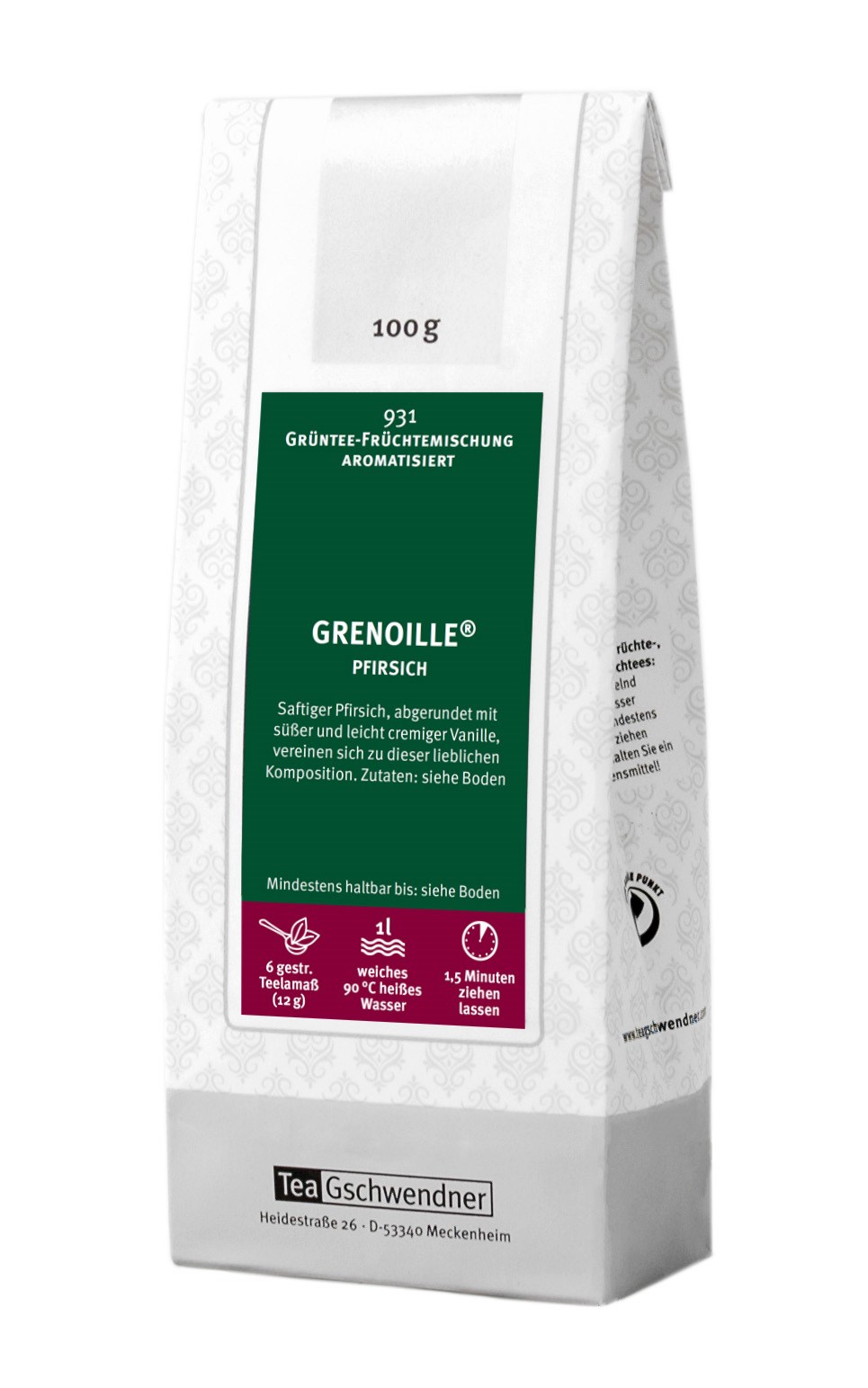 Teegschwendner Grenoille Pfirsich Grüntee-Früchtetee 100g, Grüntee-Früchtetee, Früchtetee, Aromatisiert, Pfirsich, 1 L