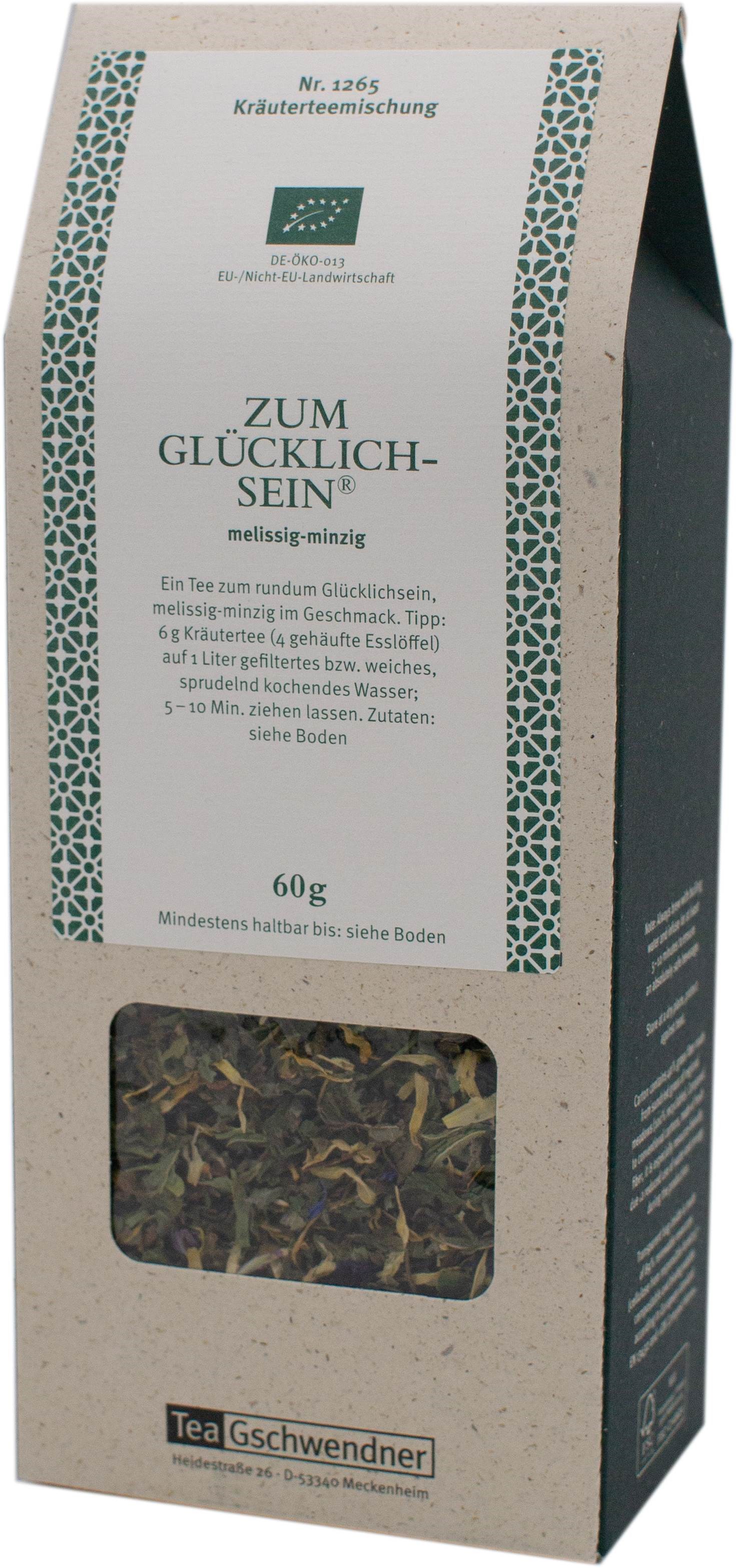 Packung Tea Gschwendner Kräutertee Zum Glücklichsein, Kräutertee, Teemischung, Hebegrün, 60 g, Teebeutelfüllung