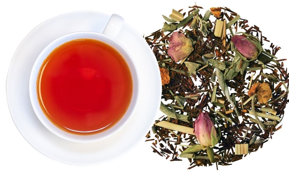 Weiße Tasse Rooibos-Tee mit Kräuter-Blütenmischung, tee, tee blätter, rottee, getrocknete kräuter, tasse
