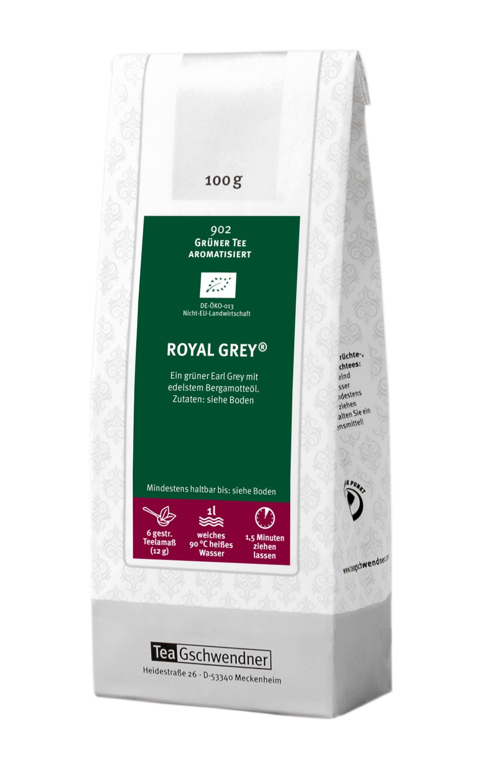 Teepackung TeaGschwendner Royal Grey Grüner Tee 100g, Grüner Tee, Earl Grey, Aromatisiert, 1 l, Teebehälter