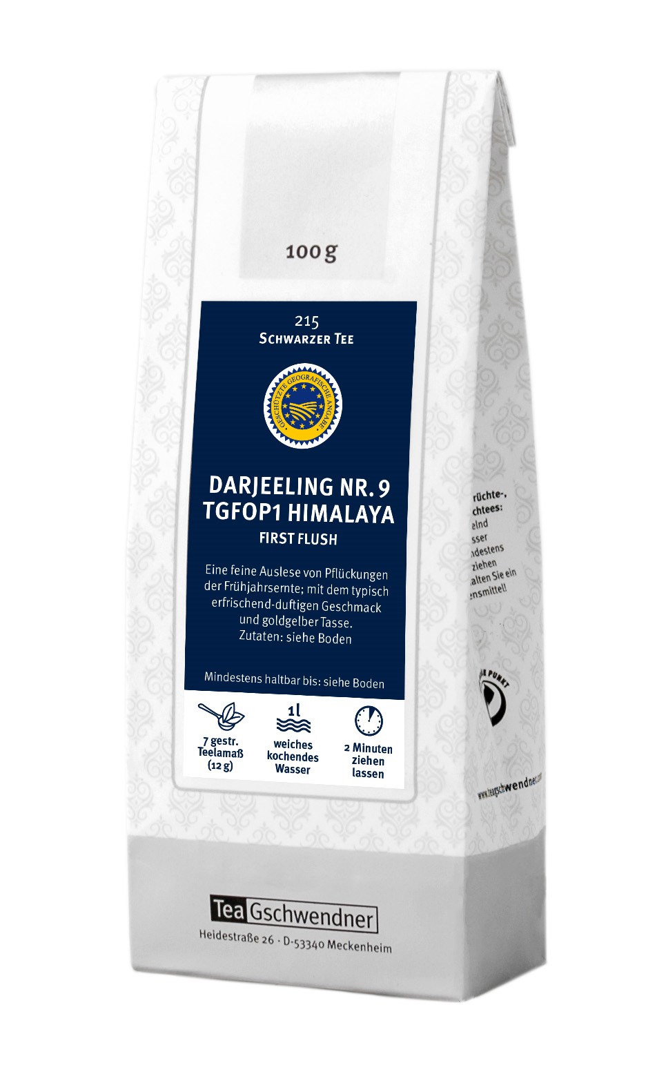 Teegschwendner Darjeeling Nr. 9 Himalaya Schwarztee 100g, Schwarzer Tee, Darjeeling, Himalaya, First Flush, Teepackung