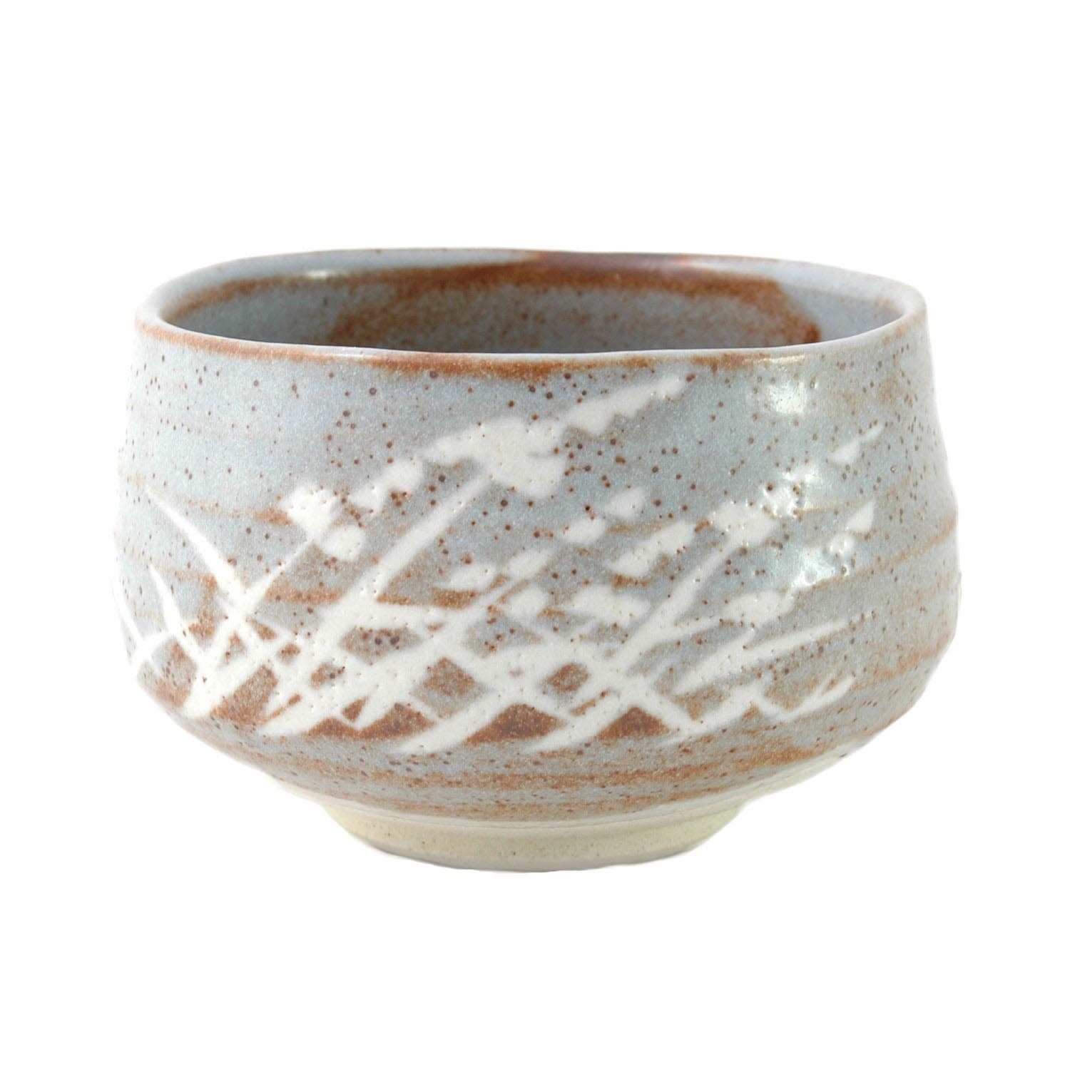 Handgemachte japanische Keramik-Teeschale, weiß-braun, 陶器の杯, 花柄, マット釉, 湯呑み, 和風