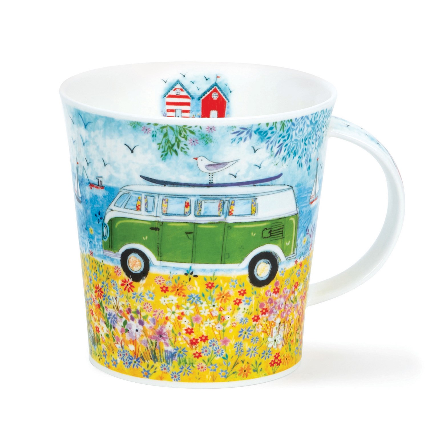 Porzellantasse mit grünem Bulli und Blumenwiese, Kaffeetasse, Volkswagen-Bus, Blumenmuster, Hellblau, Grün