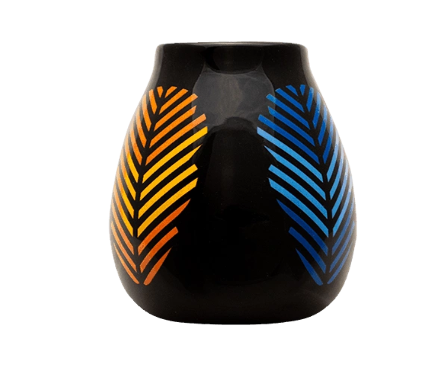 Black vase with orange and blue leaf pattern