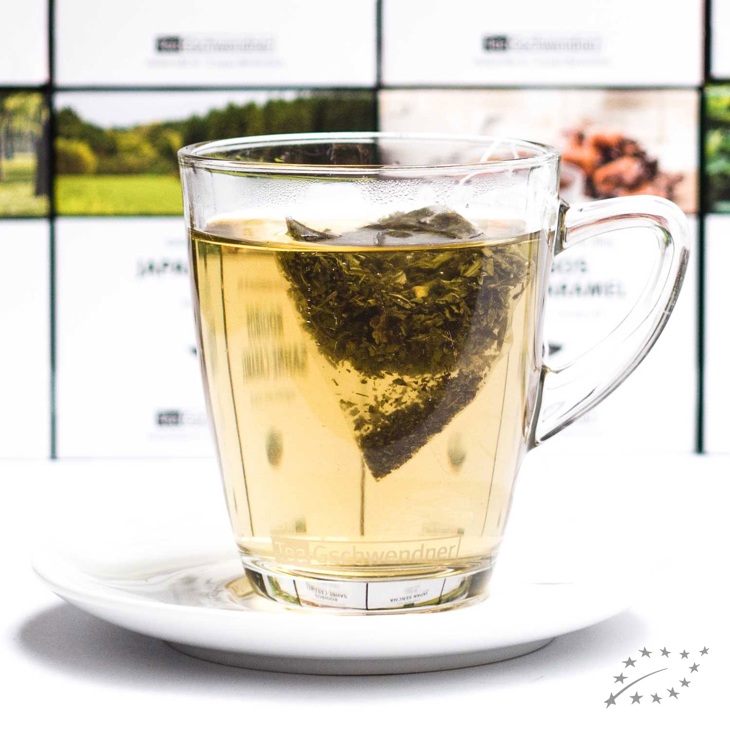 Heißer Tee im Glas mit hängendem Teebeutel, tee, Tee-Becher, Kräutertee, Loseblatttee, Glasbecher