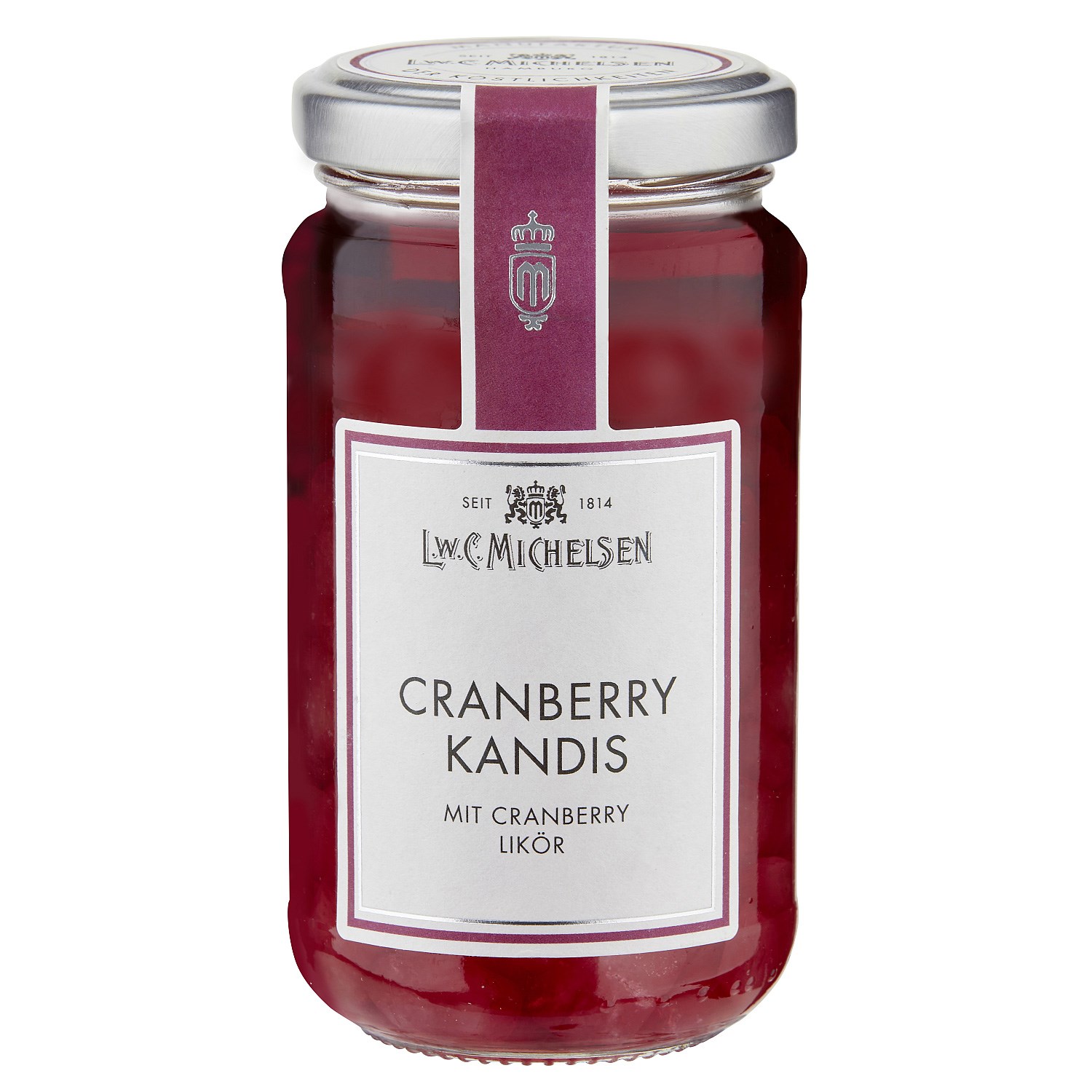 Glas L.W.C. Michelsen Cranberry Kandis mit Likör, Cranberry Jam, Cranberry Likör, Glasgefäß, Rot, Label-Design