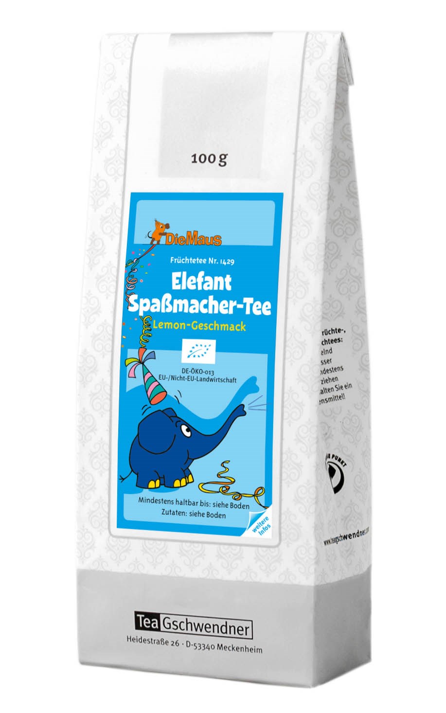 Teegschwendner Die Maus Elefant Spaßmacher-Tee Lemon 100g, Elefant,  Zitronengeschmack, Früchtetee, 100 g, Die Maus