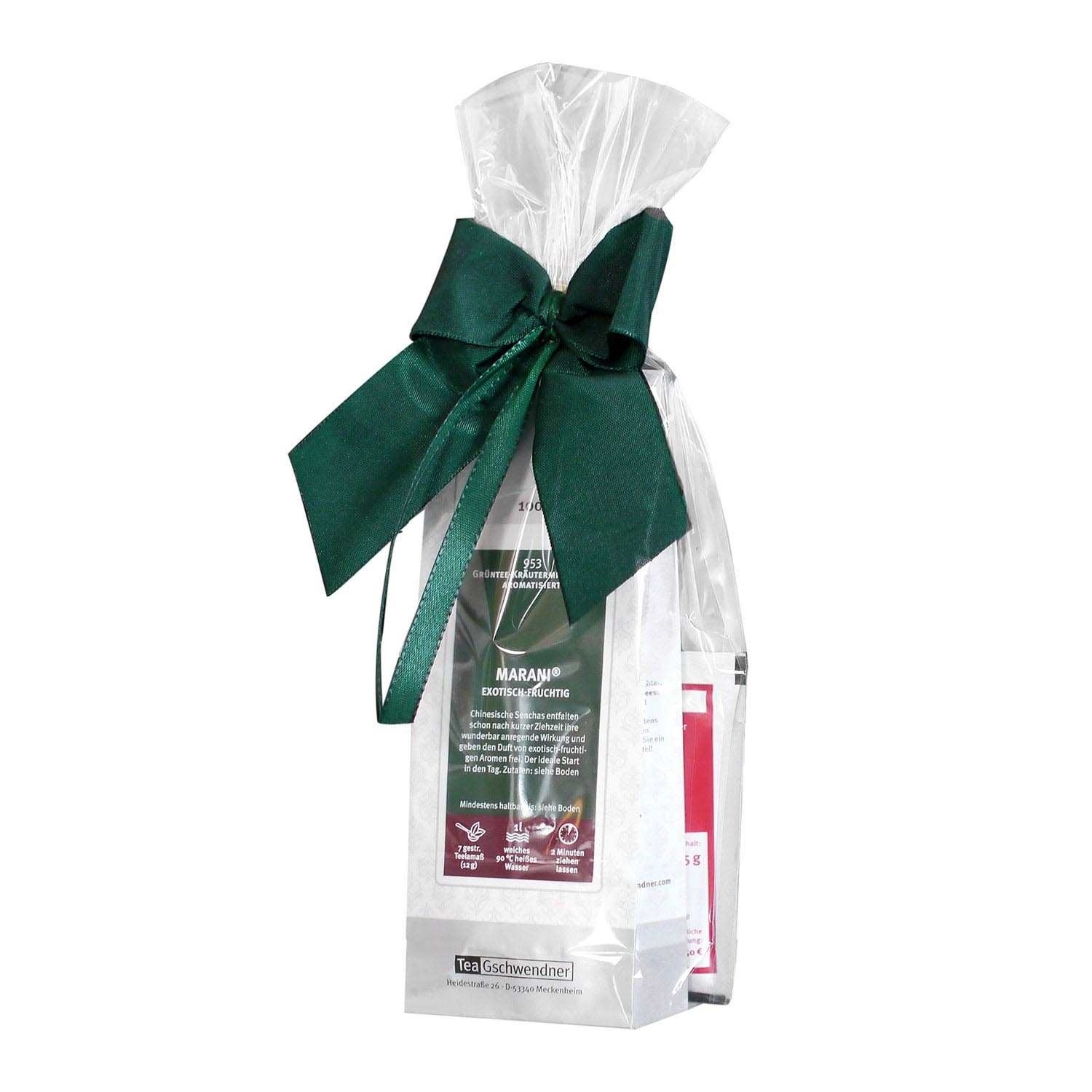 Tee-Geschenkset im transparenten Beutel mit grüner Schleife, Teepackung, Geschenkverpackung, Grünes Schleifenband, Transparentes Kunststoff, Teebehälter