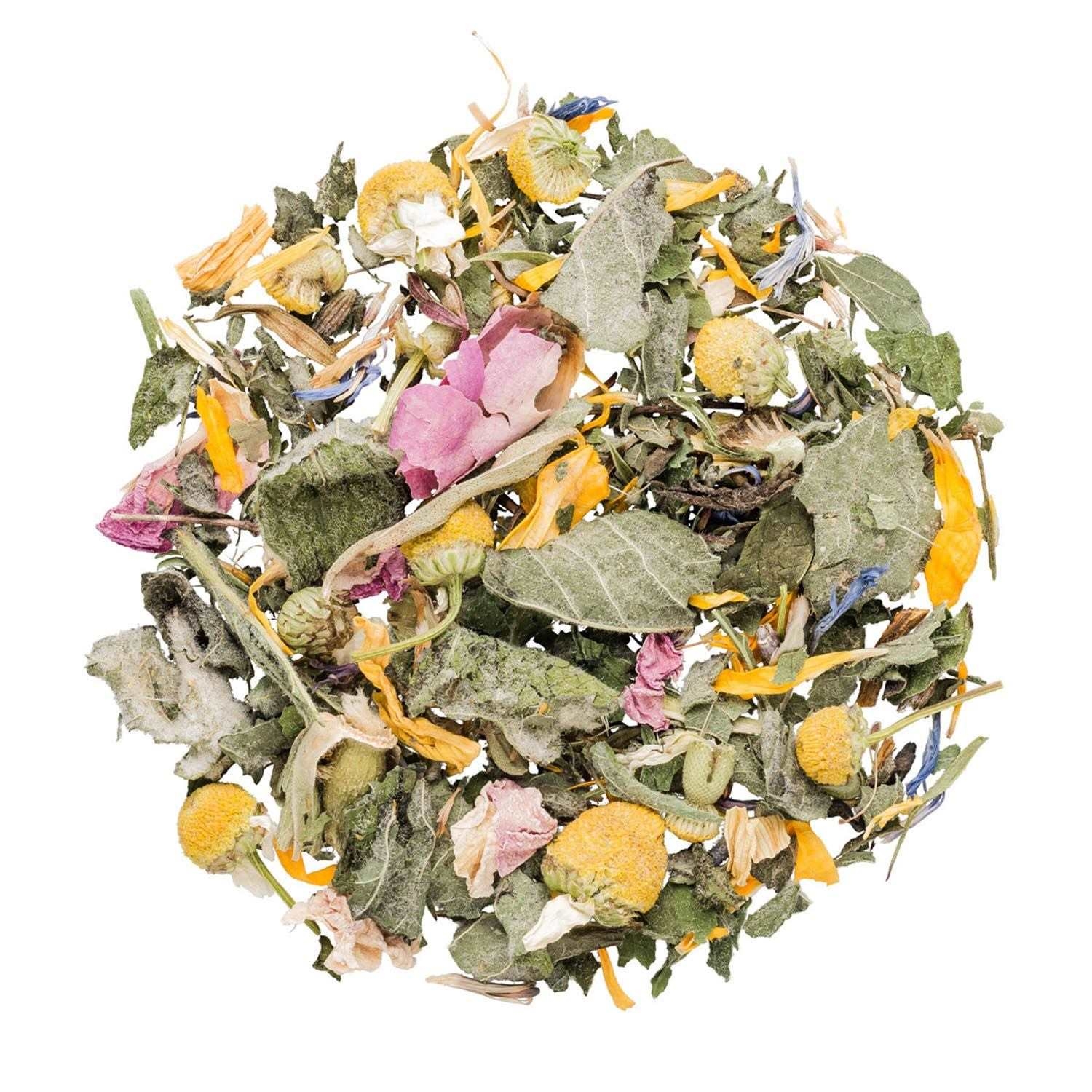 Detailansicht einer bunten Kräutertee-Mischung, Kräutertee, Trockenblumen, Blumenmischung, Kräuterpflanze, Naturmischung
