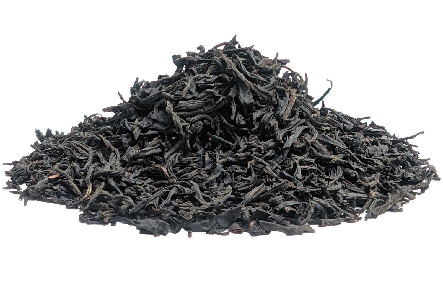 Loose China Kungtien Keemun black tea with fine, dark twisted leaves; elegant Keemun notes of wood and delicate cocoa.