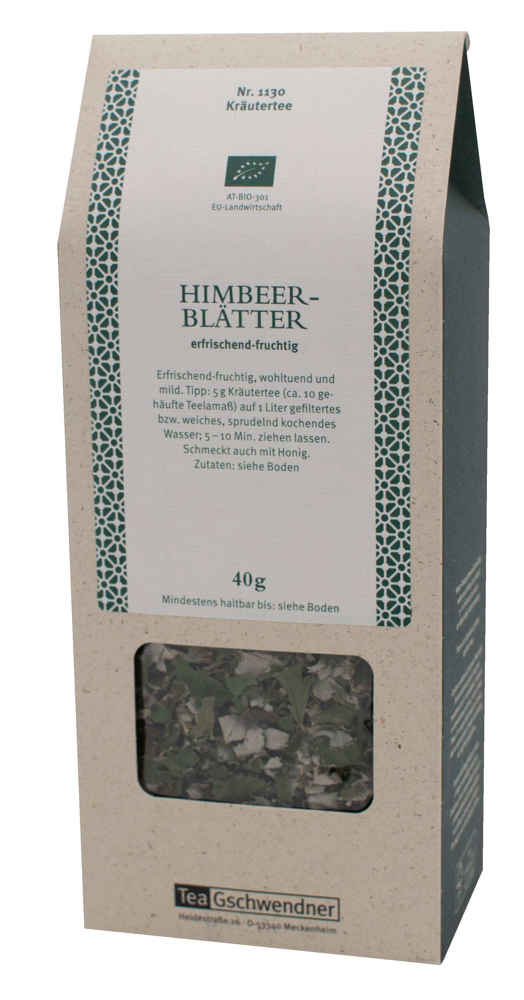 Verpackung TeaGschwendner Kräutertee Himbeerblätter 40g, Kräutertee, Himbeer-Blätter, Erfrischend-fruchtig, Teebeutel, 40 g