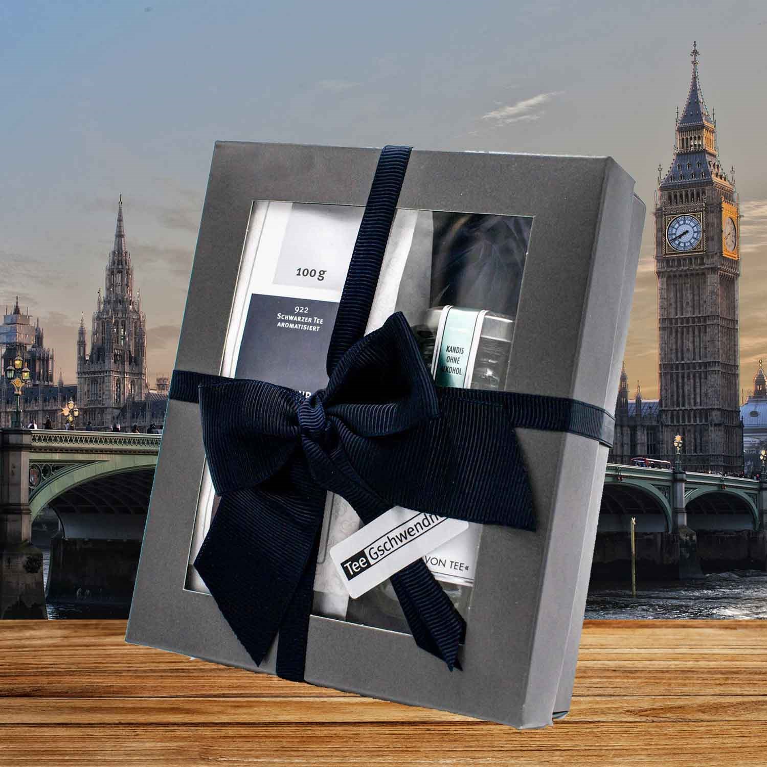 Geschenkset mit schwarzem Tee vor Big Ben, Geschenkset, Tee-Set, Kartonbox, Schwarz, Schleife