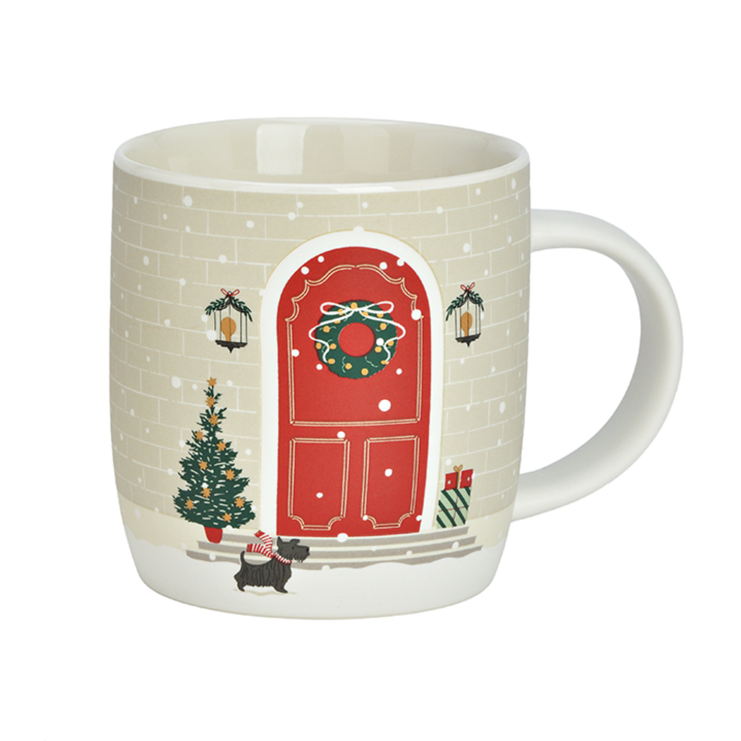 Keramiktasse, Weihnachtsmotiv, rote Tür, beiger Hintergrund, Henkel, Keramiktasse, Weihnachtsmotiv, Türmotiv, Beige, Henkel, Keramiktasse, Weihnachtsmotiv, Rote Tür, Beige, Henkel