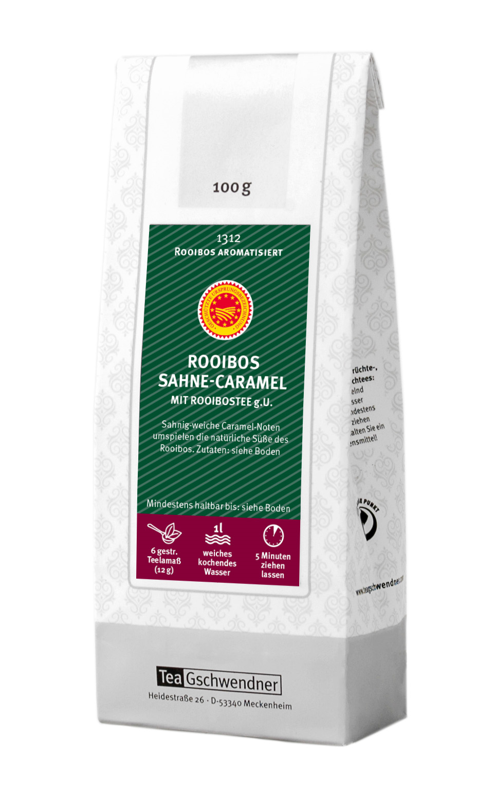 Teepackung TeaGschwendner Rooibos Sahne-Caramel 100 g, Rooibos, Sahne-Caramel, Teesorte, 100 g, Rooibos aromatisiert