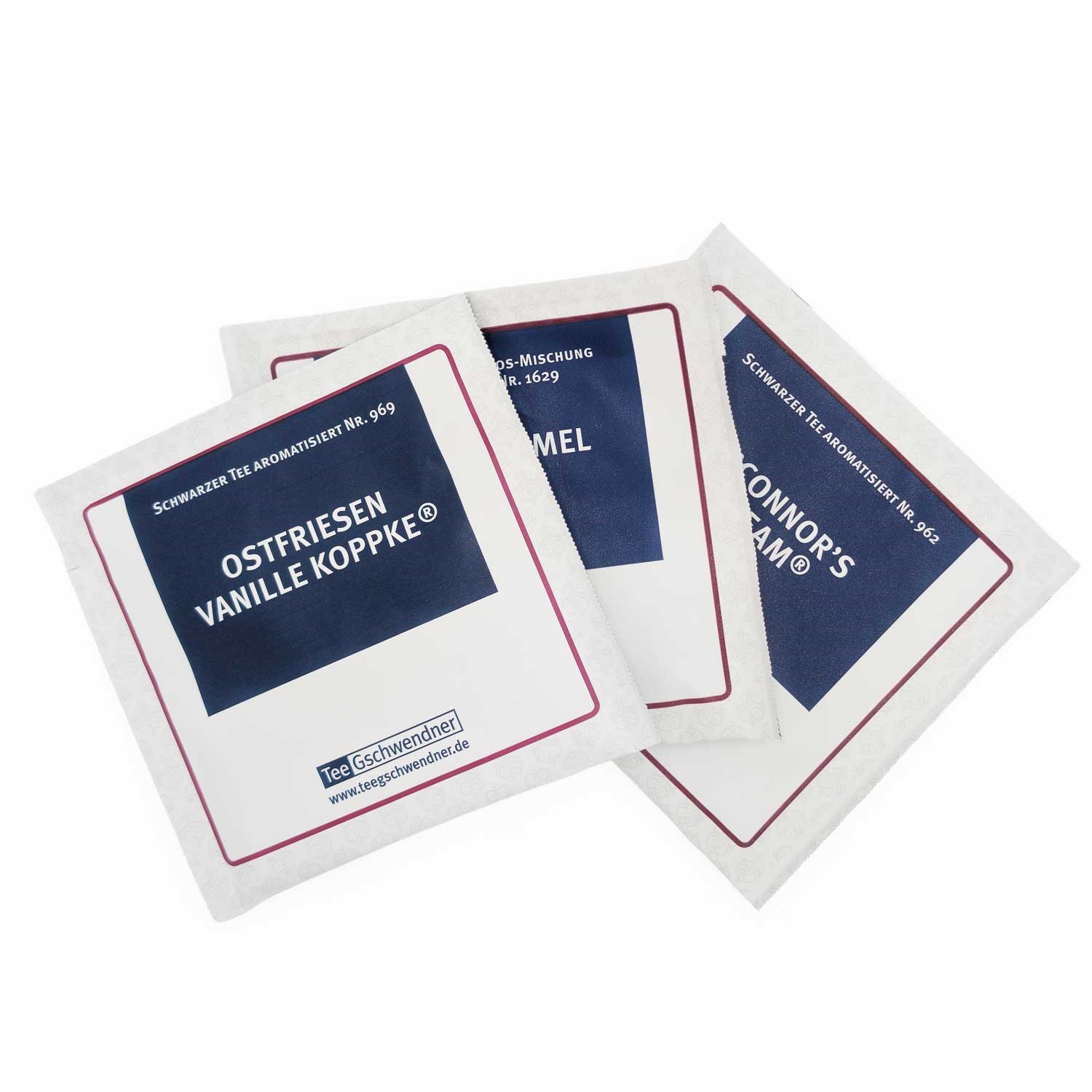 Drei einzeln verpackte TeeGschwendner Schwarzteebeutel, Teebeutel, Vanille, Schwarztee, Aromatisiert, Koppe?