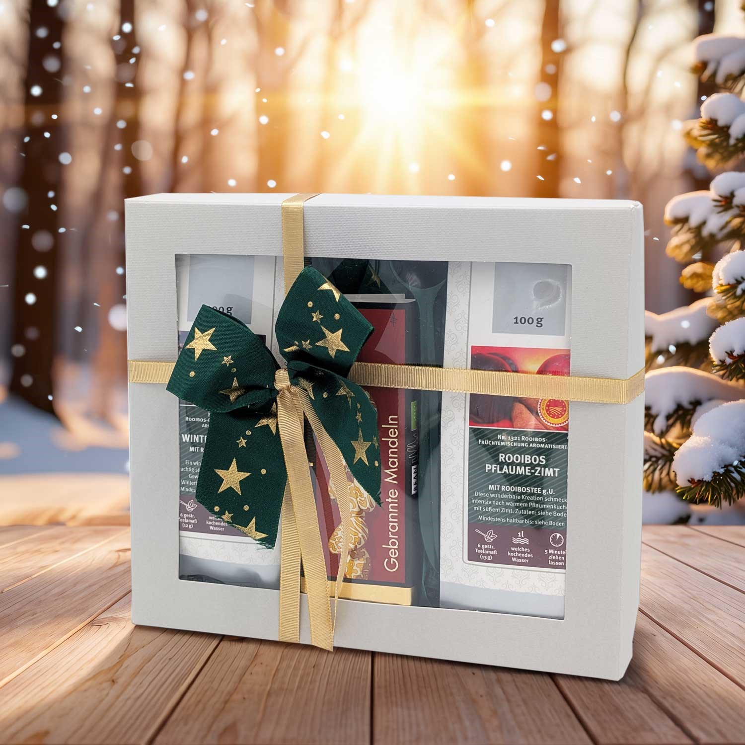 Geschenkbox mit Tee und gebrannten Mandeln, weihnachtlich ve,  Geschenkset,  Box,  Kakao,  Tee,  Dekor, Tee-Geschenkset, Geschenkbox, Rooibos-Tee, Früchtetee, Schleife mit Sternen