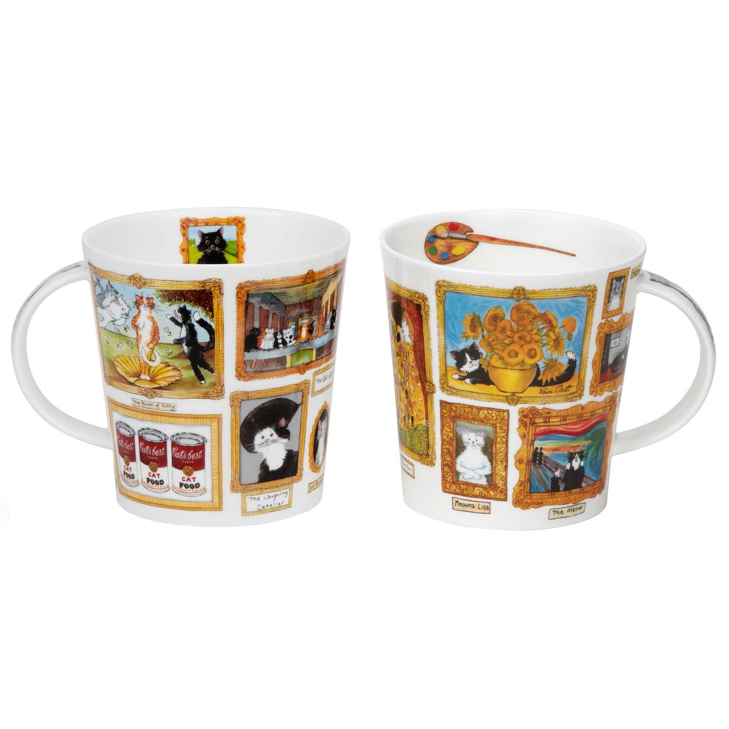 Zwei weiße Porzellanbecher mit bunten Katzen-Kunstmotiven und goldgerahmten Bildern im Galerie-Design, Kaffeetasse, Künstlerische Muster, Katzenmotiv, Porzellan, Bunte Bilderrahmen