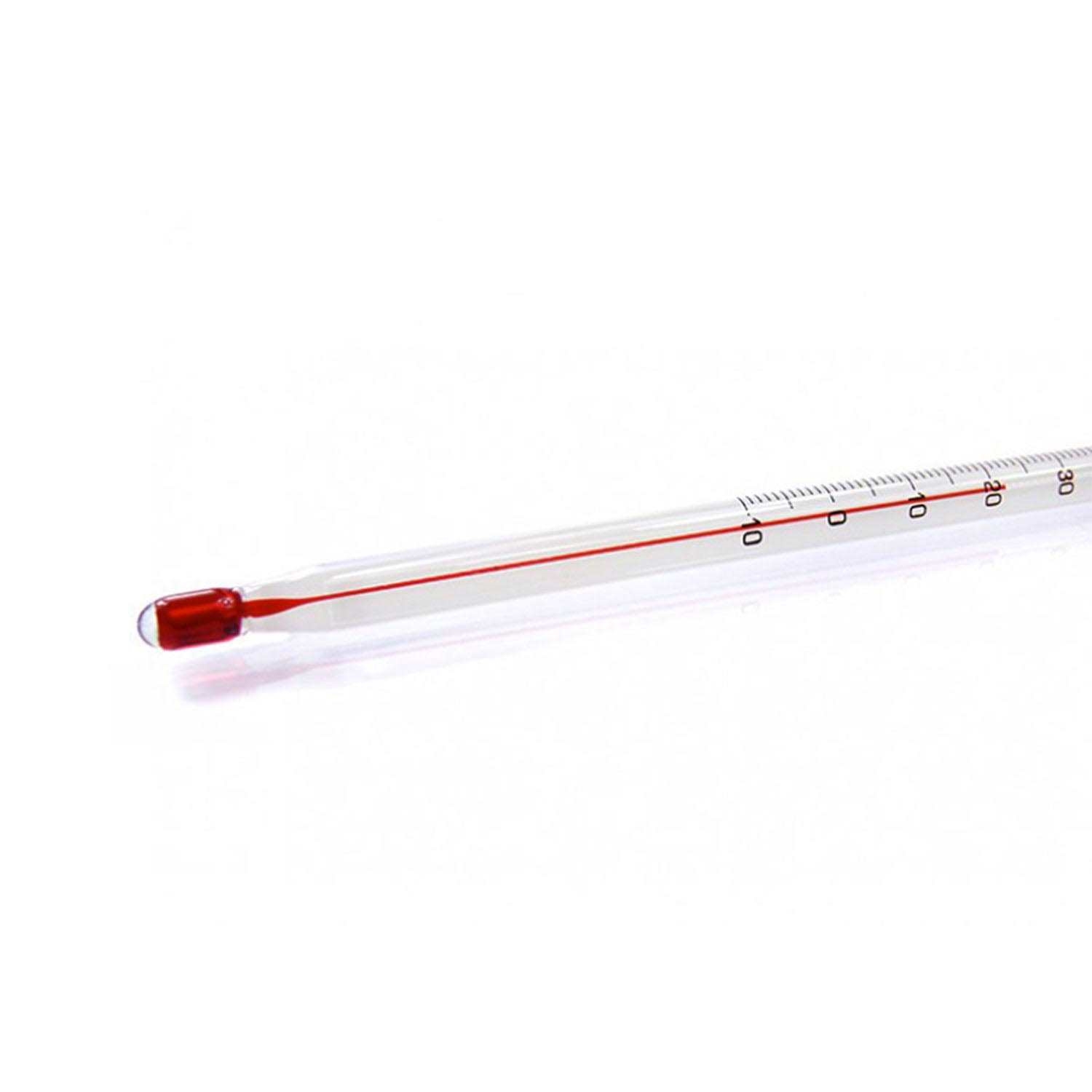 Klassisches Glasthermometer mit roter Flüssigkeit, Thermometer, Glasrohr, Rot, Skalierung, Medizintechnik