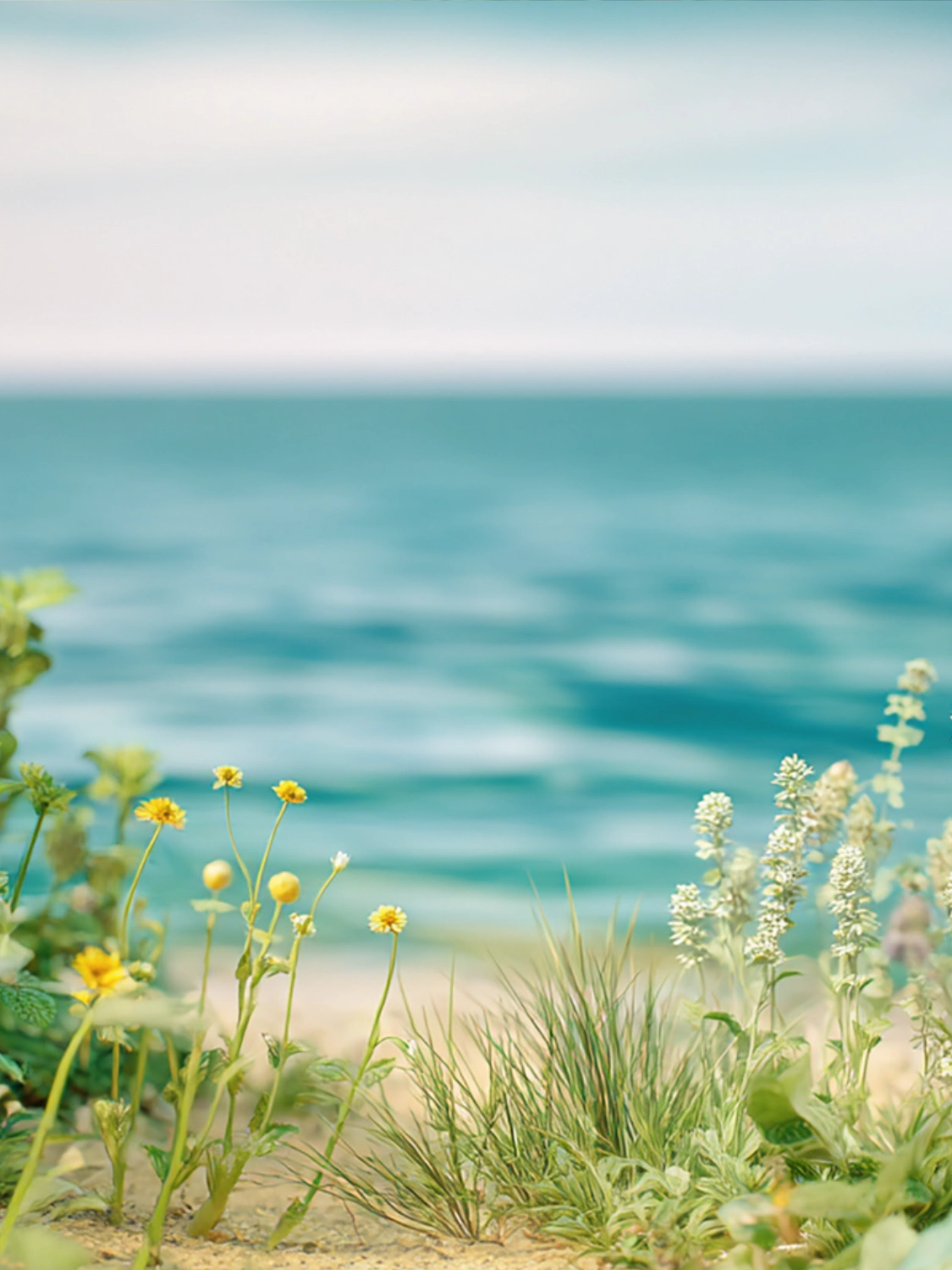 Wilde gelbe und weiße Blumen am Sandstrand vor ruhigem türkisblauem Meer