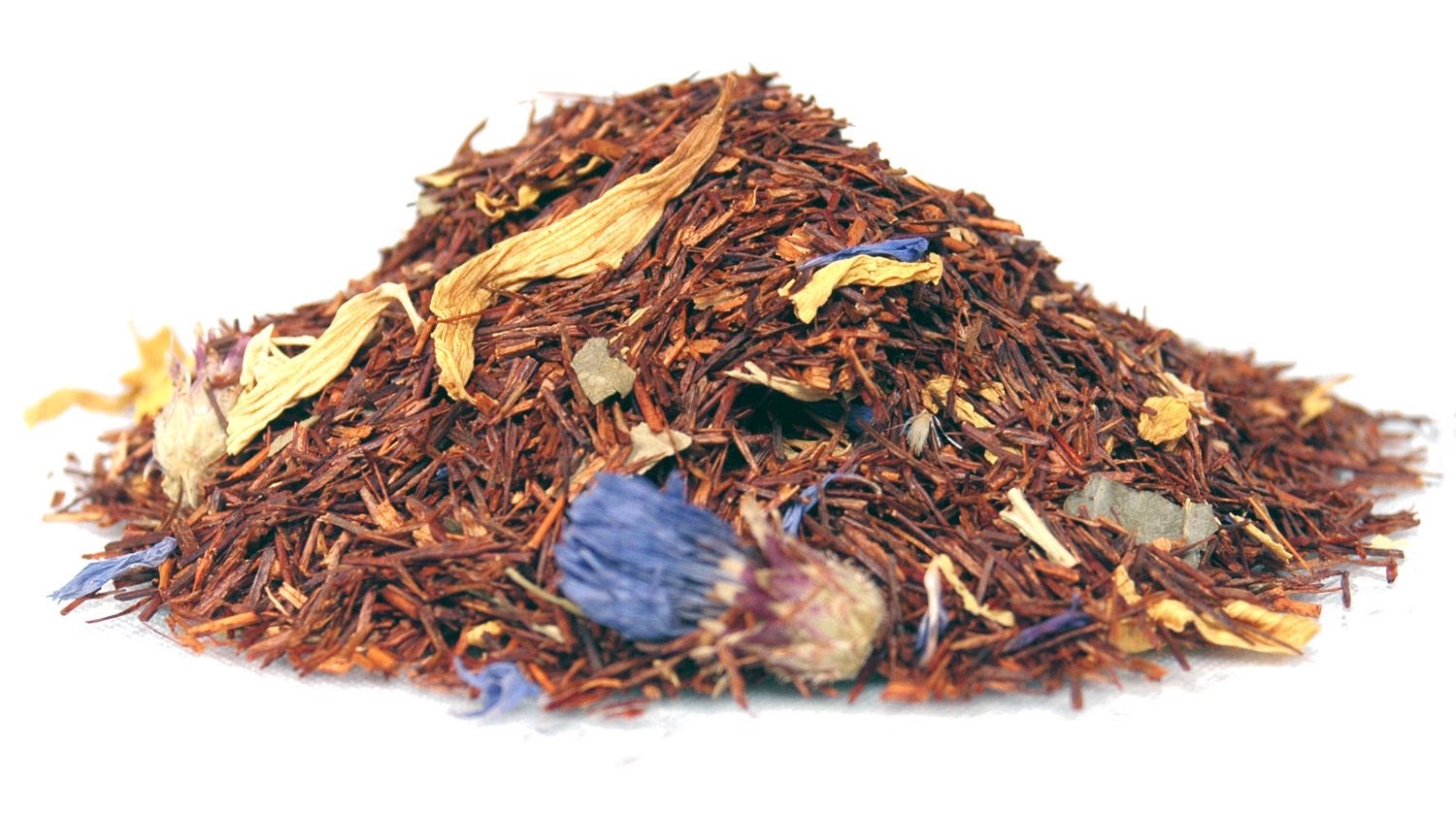 Haufen loser Rooibostee mit Blütenblättern, Rooibos, Kräutertee, Gewürztee, tee-mischung, blätter-mischung
