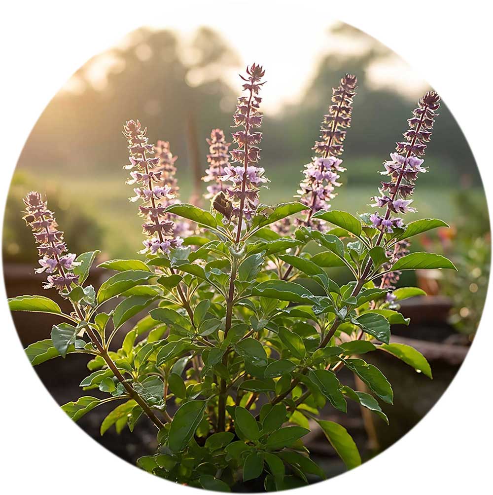 Heiliges Basilikum mit Blüten im Sonnenaufgang