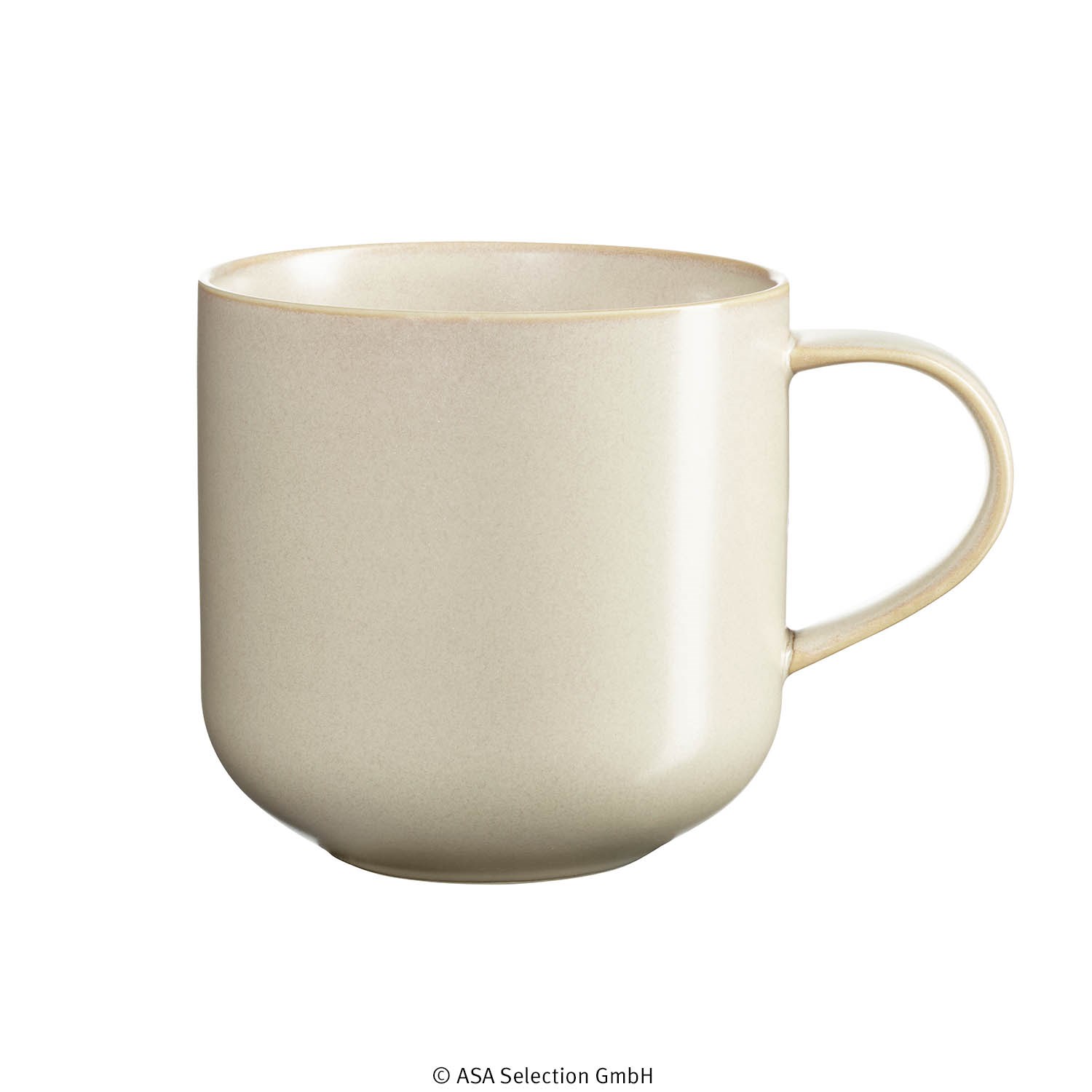 Beigefarbene Steingut-Tasse mit Henkel, seitliche Ansicht, Becher, Tasse, Keramik, Beige, Glasur frei?