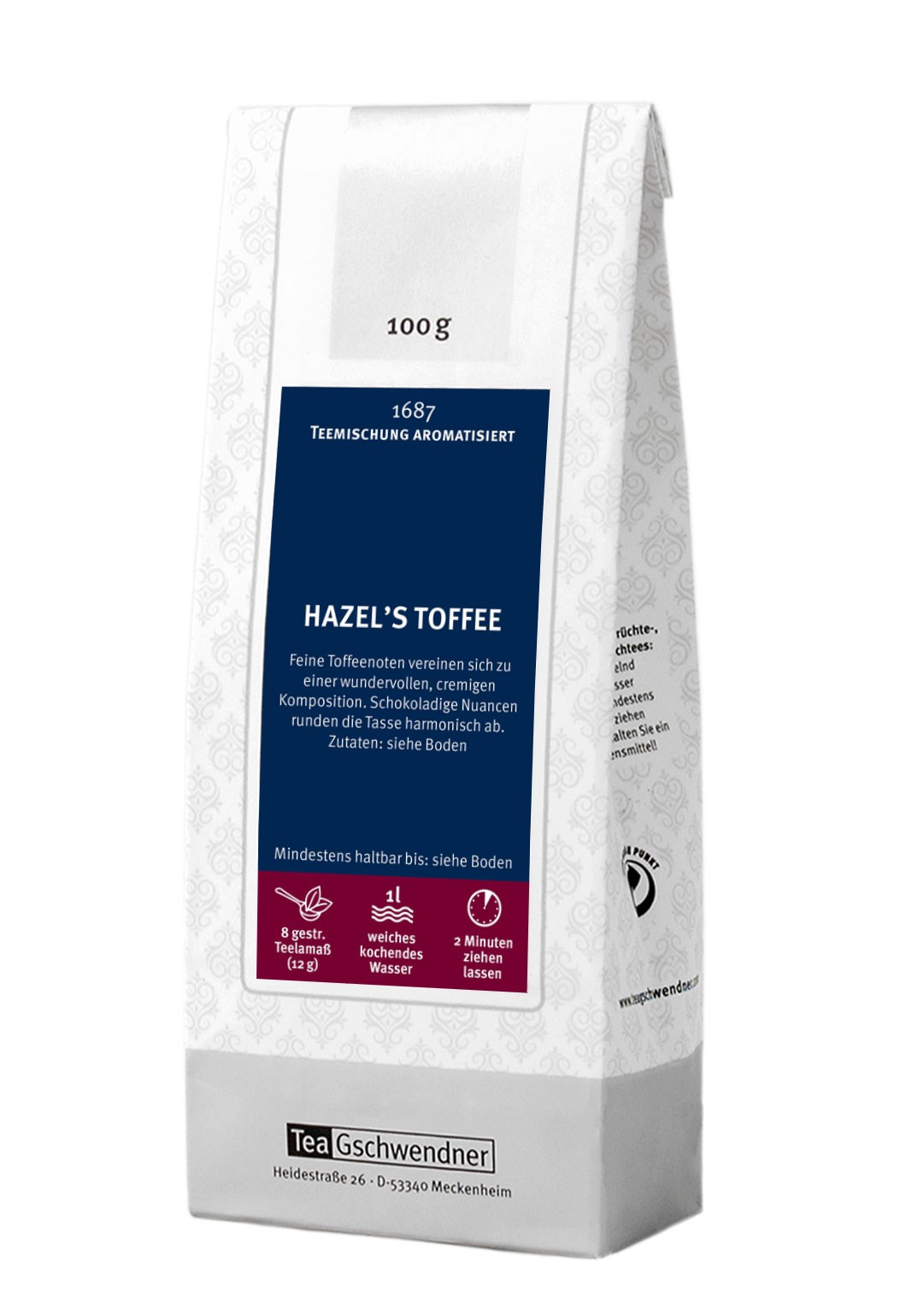 TeaGschwendner Hazel’s Toffee aromatisierte Teemischung 100, Hazelnuss, Toffee, Tee, 100 g, Verpackung