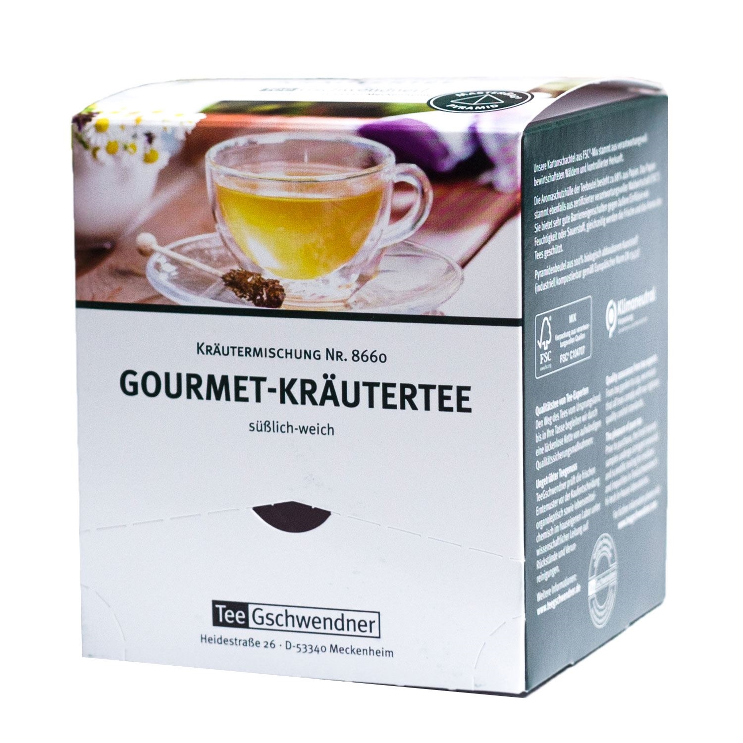 Packung Tee Gschwendner Gourmet-Kräutertee süßlich-weich, Kräutertee, Gourmet- Kräutertee, Teebeutel, Süßlich-weich, Meckenheim