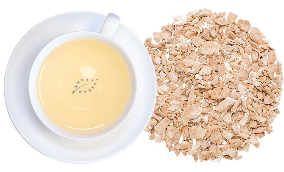 Helle Tasse Ingwertee neben gehackten Ingwerstücken, müsli, Haferflocken, Milch, Frühstück, Kaffee?