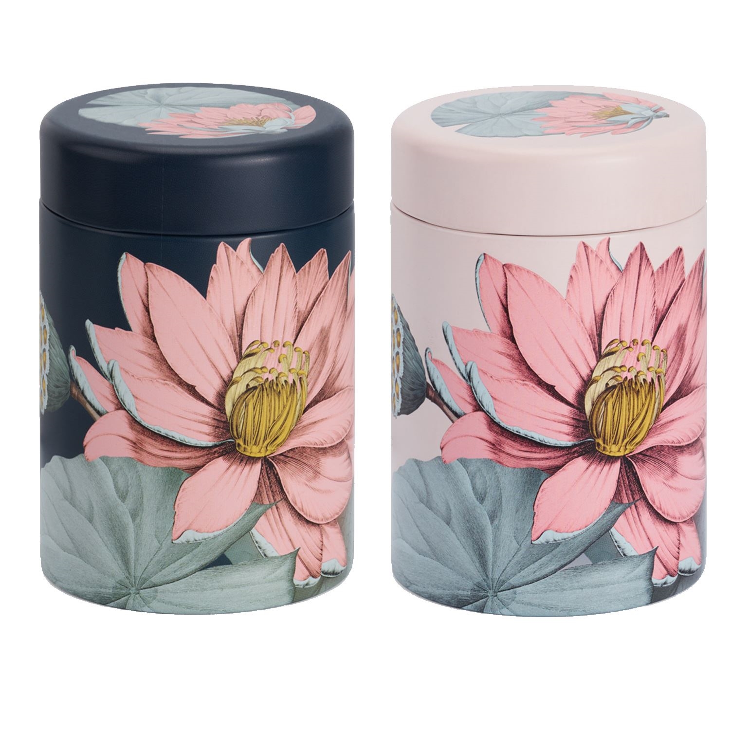 Zwei zylindrische Teedosen mit rosa Lotusblüten Druck, Teedose, Aufbewahrungsetui, Blumenmuster, Rosa,Navy, Deckel mit Blume