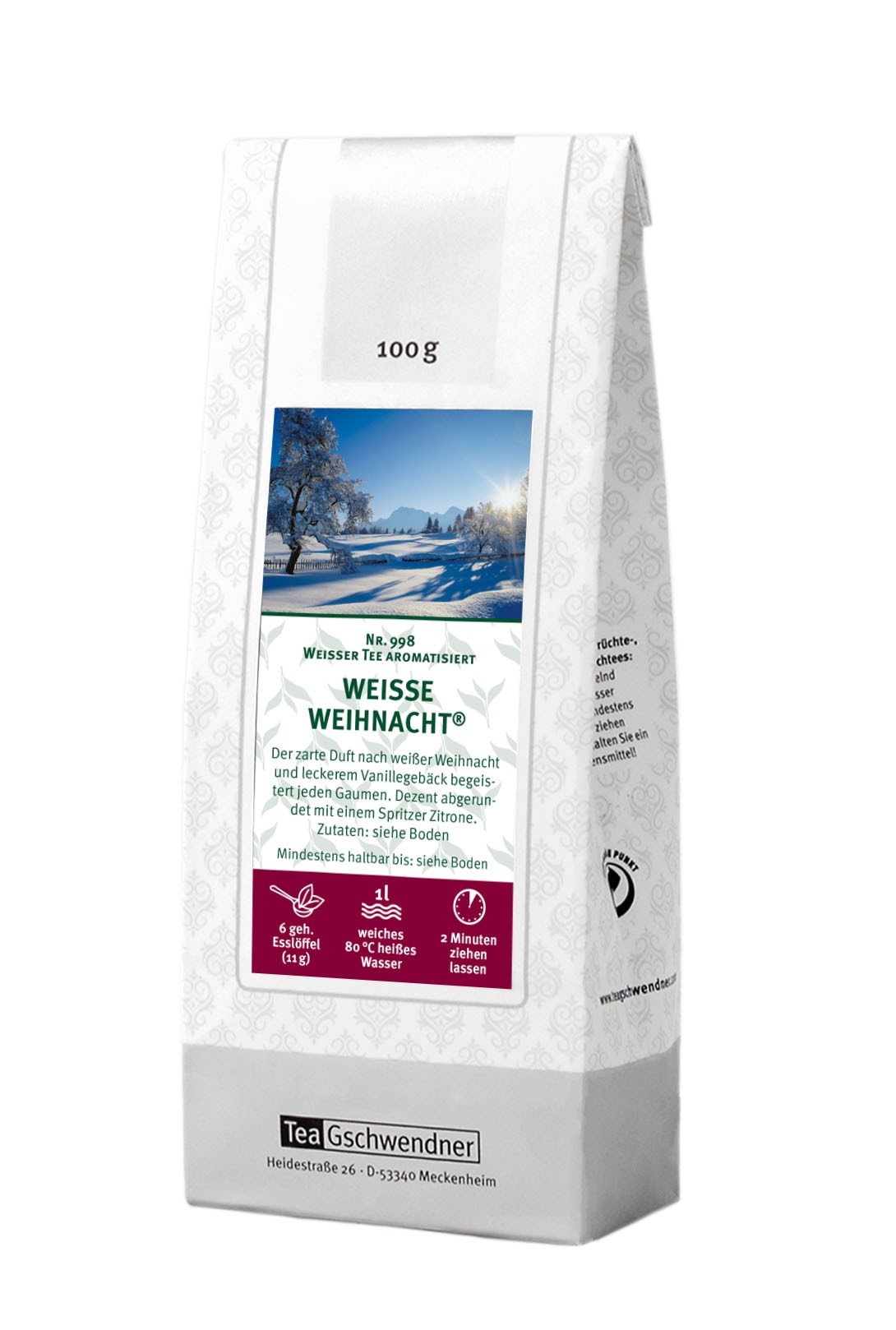 Teepackung Tea Gschwendner Weißer Tee Weisse Weihnacht, Weißer Tee, Weihnachtstee, Weißer Schnee, 100 g, Teebeutel-Box