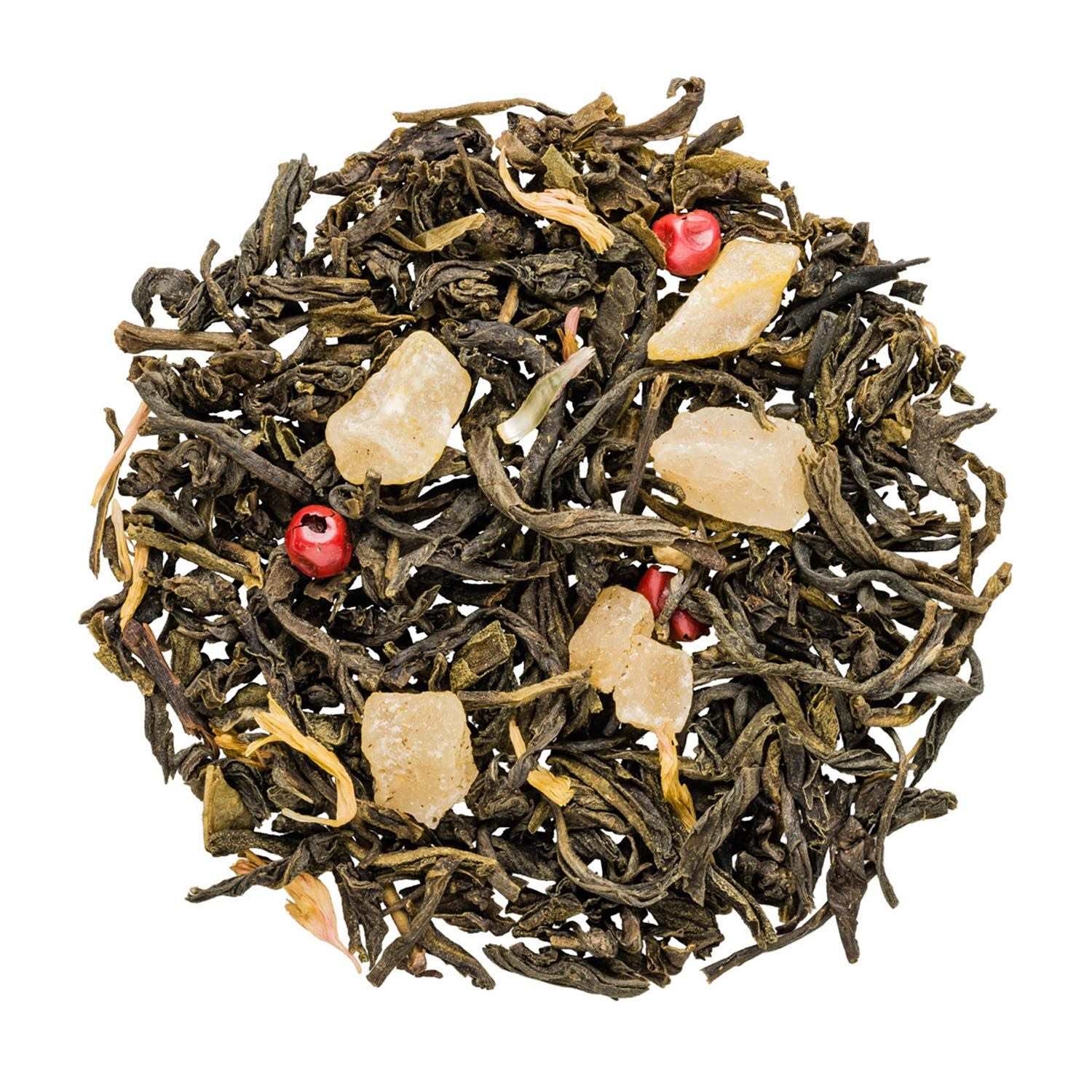 Mischung aus grünem Tee mit kandierten Früchten und Beeren, Teemischung, Teeblätter, Pfefferkorn, Sandkristalle, Pinienrose?