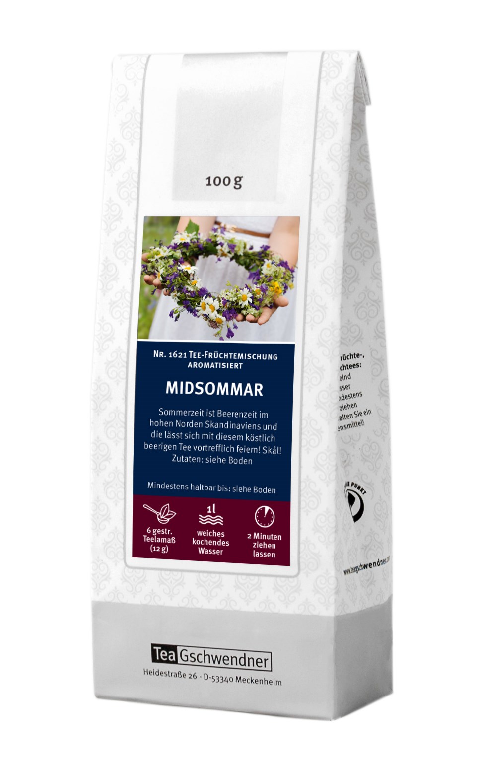 Teepackung TeaGschwendner Midsommar aromatisierte Früchtemis, Tee-Mischung, Kräutertee, Midsommer, 100 g, Teapaket