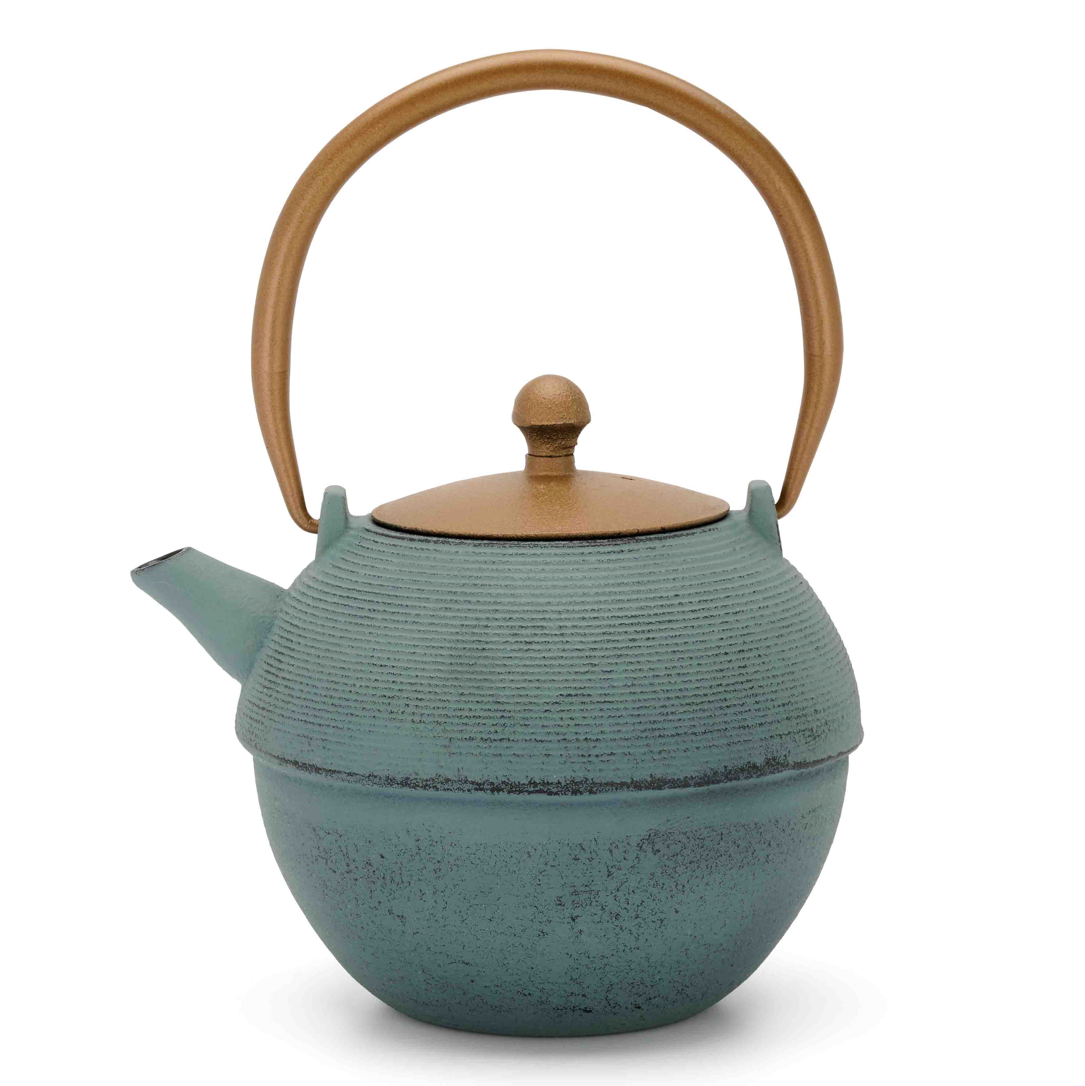 Turquoise cast iron teapot with brown wooden handle