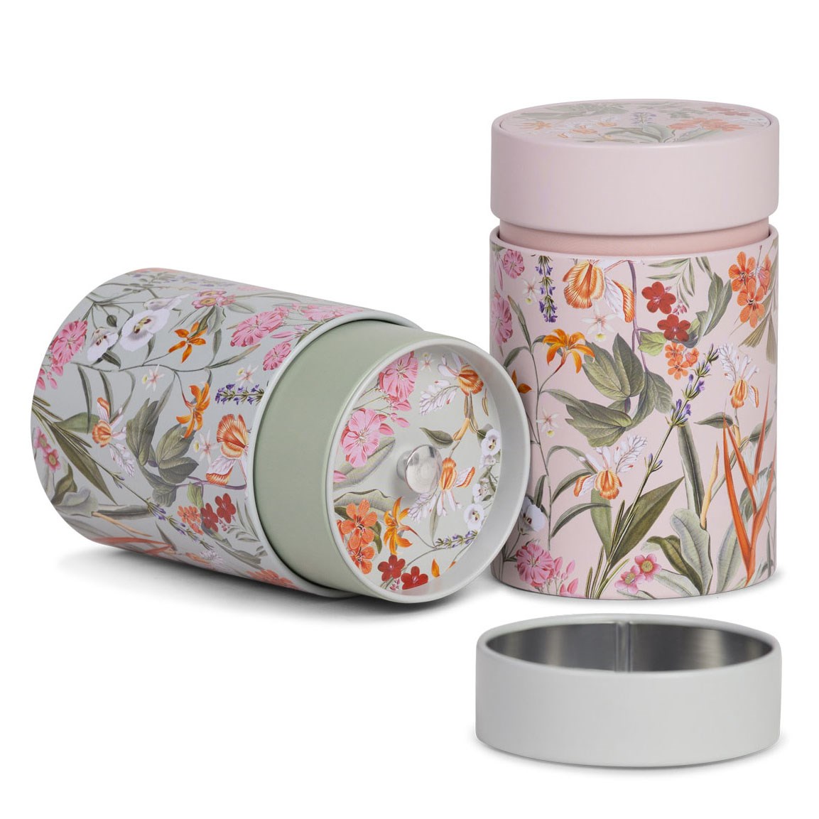 Boîte à thé Eigenart Mira menthe 150g en fer blanc, forme ronde avec motif de fleurs et de feuilles, couvercle hermétique pour une conservation optimale du thé