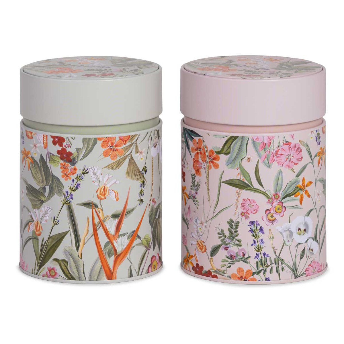 Boîte à thé Eigenart Mira menthe 500g en fer-blanc, forme ronde avec motif printanier de fleurs et feuillages pour garder le thé au frais