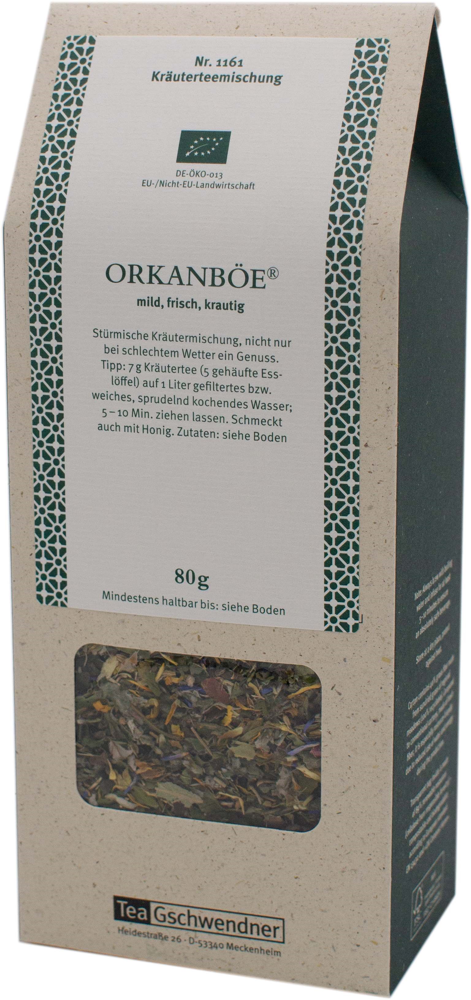 Teepackung Tea Gschwendner Orkanböe Kräutertee 80g, Kräuterteemischung, Teemischung, 80 g, Glasfenster?