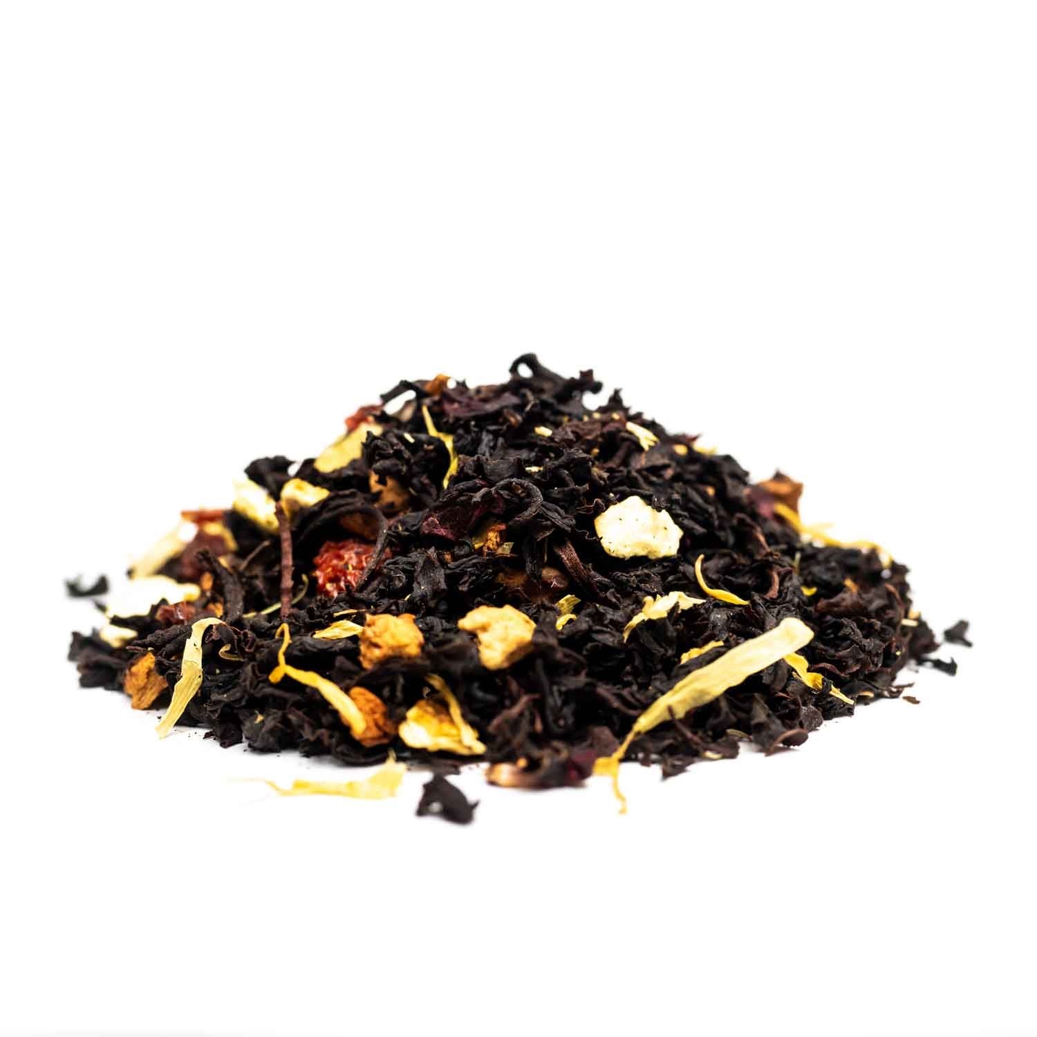 Lose Früchtetee-Mischung mit bunten Stücken, Tee-Mischung, lose Blätter, Schwarztee, Blütenstücke, Hibiskus