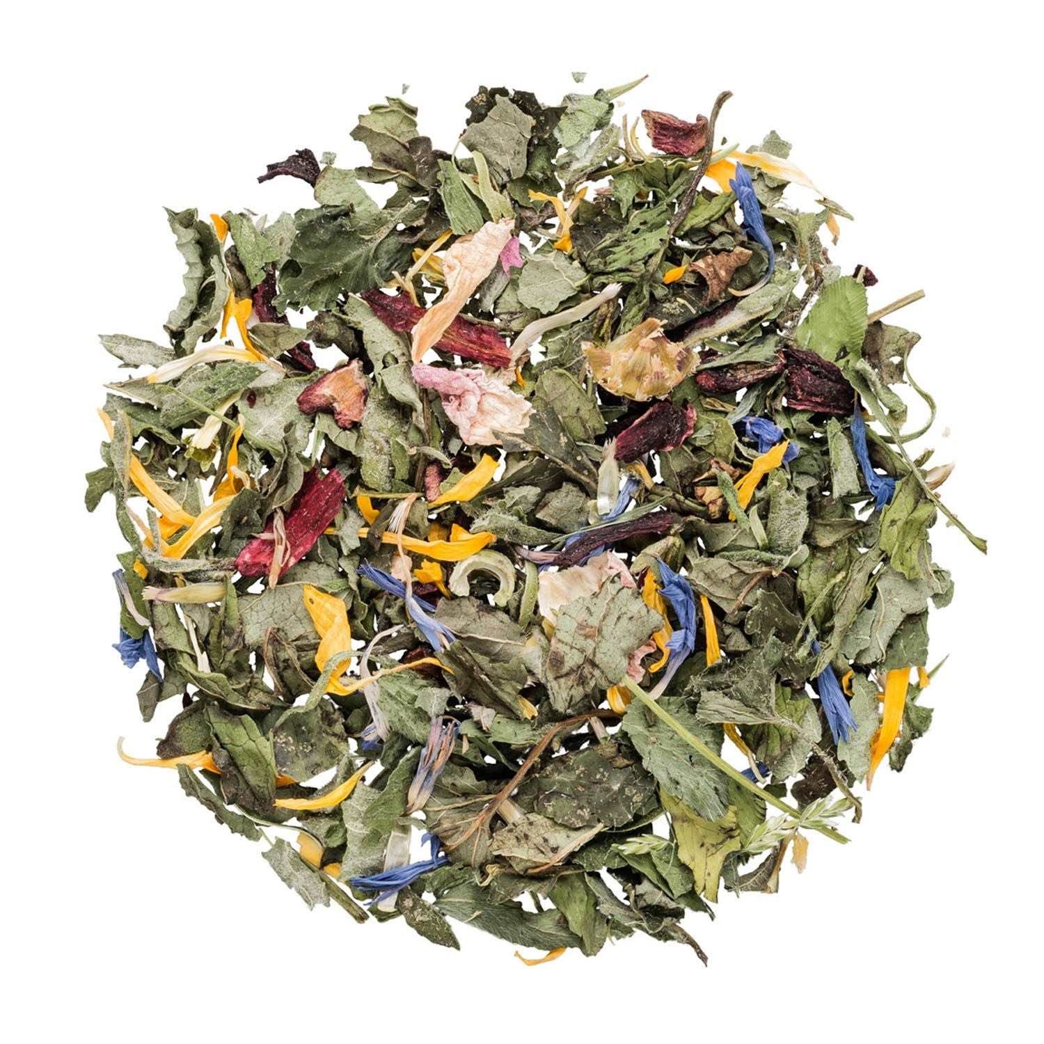 Bunter loser Kräutertee mit Blüten auf Weiß, tee, lose Blätter, Kräutertee, Teemischung, bunte Blüten