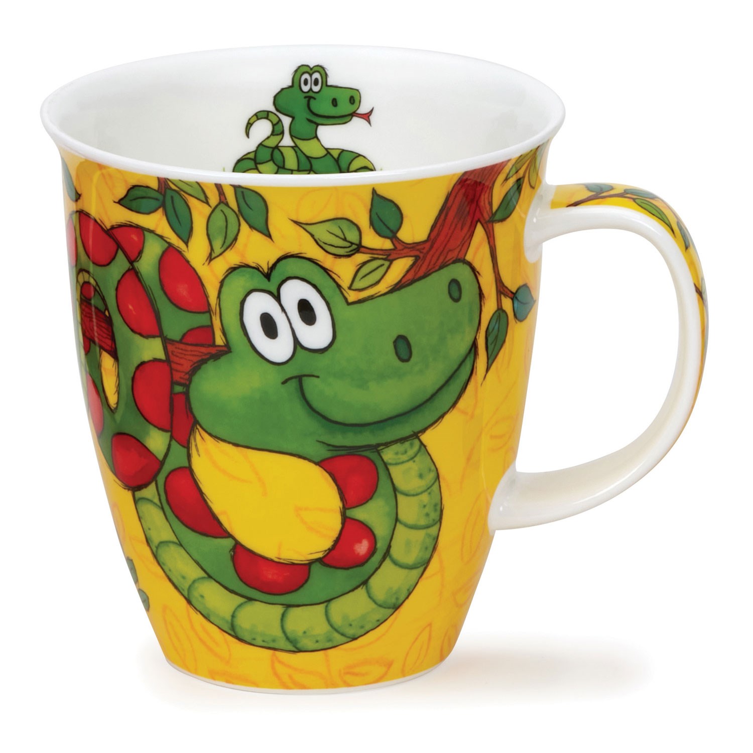 Yellow children’s porcelain mug with green and red cartoon snake and handle