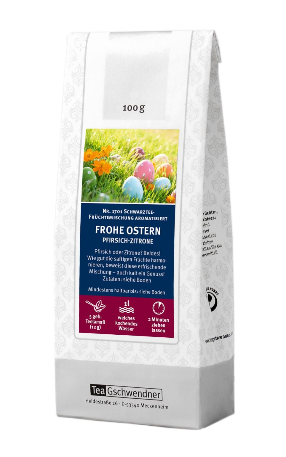 Teegschwendner Frohe Ostern Schwarztee Pfirsich-Zitrone, Ostern, Pfirsich-Zitrone, Früchtetee, 100 g, Tee