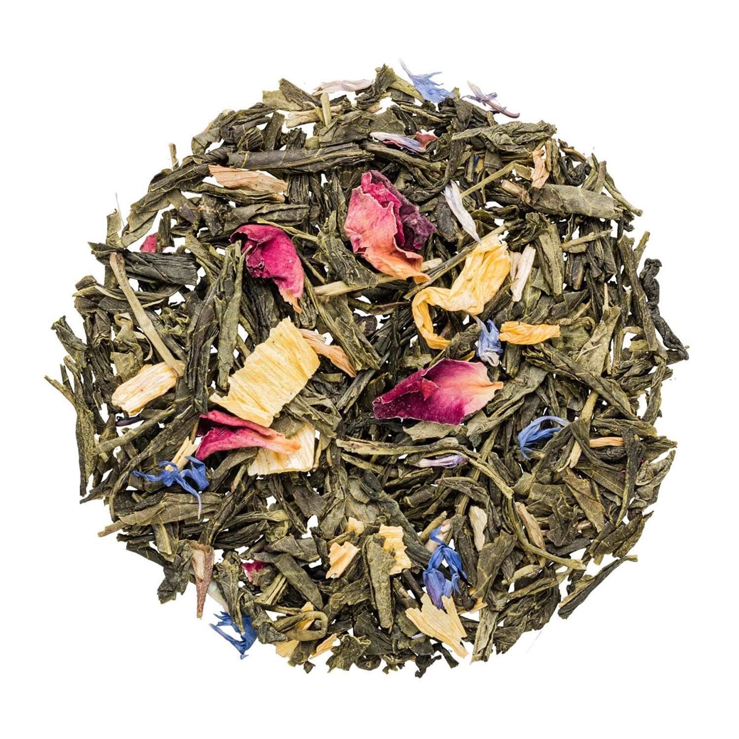 Lose Mischung aus grünem Tee und bunten Blüten, Grüner Tee, Lose Teeblätter, Teemischung, Blütenstücke, Kräutertee