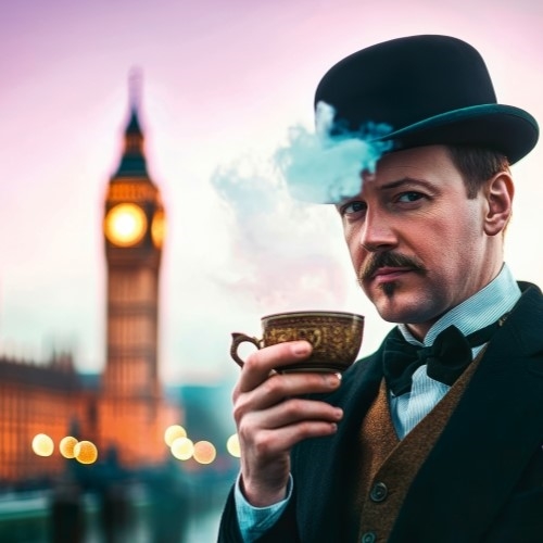 Mann mit Zylinder und Schnurrbart trinkt Tee vor Big Ben