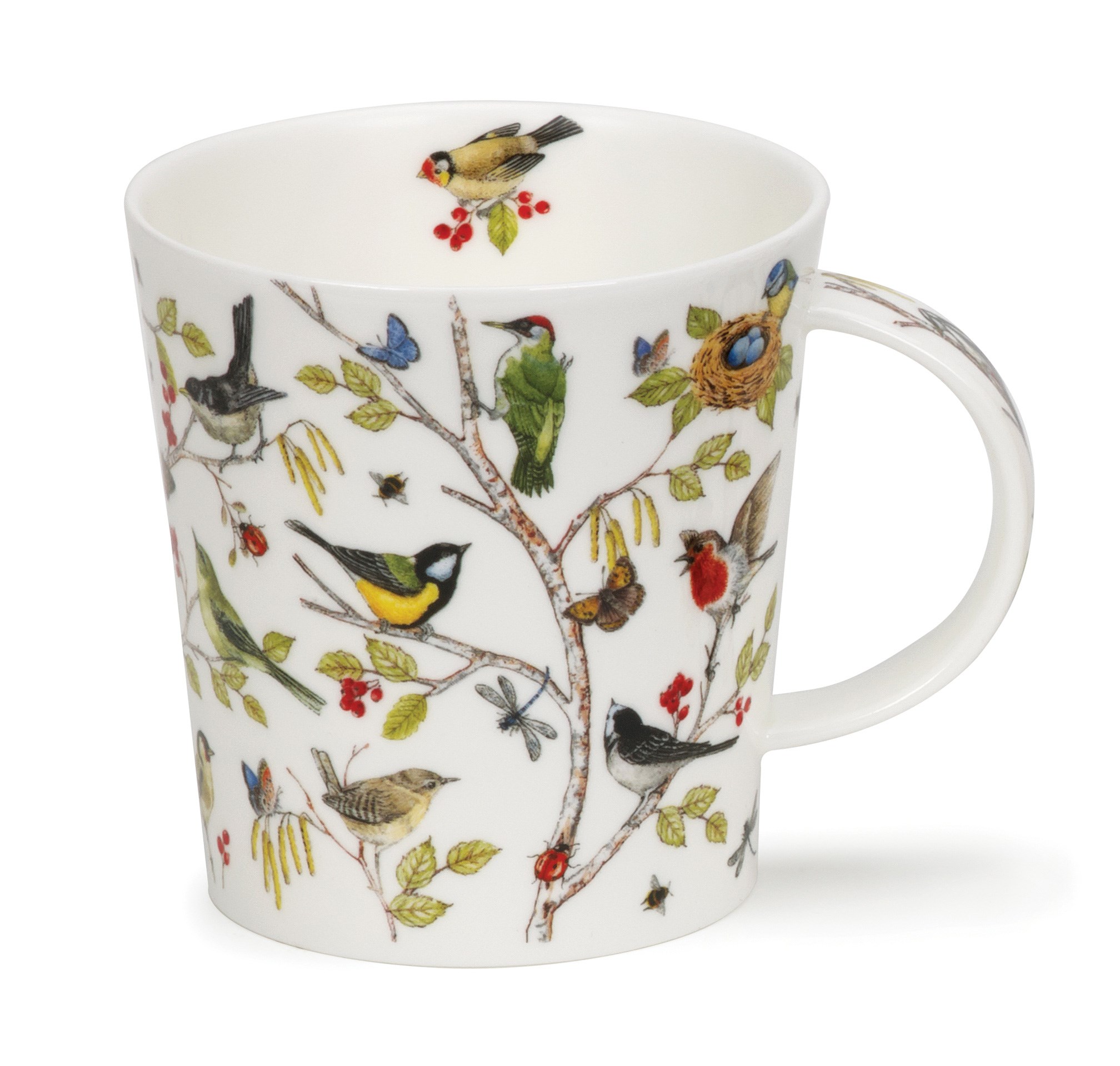 Weiße Porzellantasse mit farbenfrohem Vogeldekor, Porzellanbecher, Vogelmotif, weißer Becher, mehrfarbig, Tafelgeschirr
