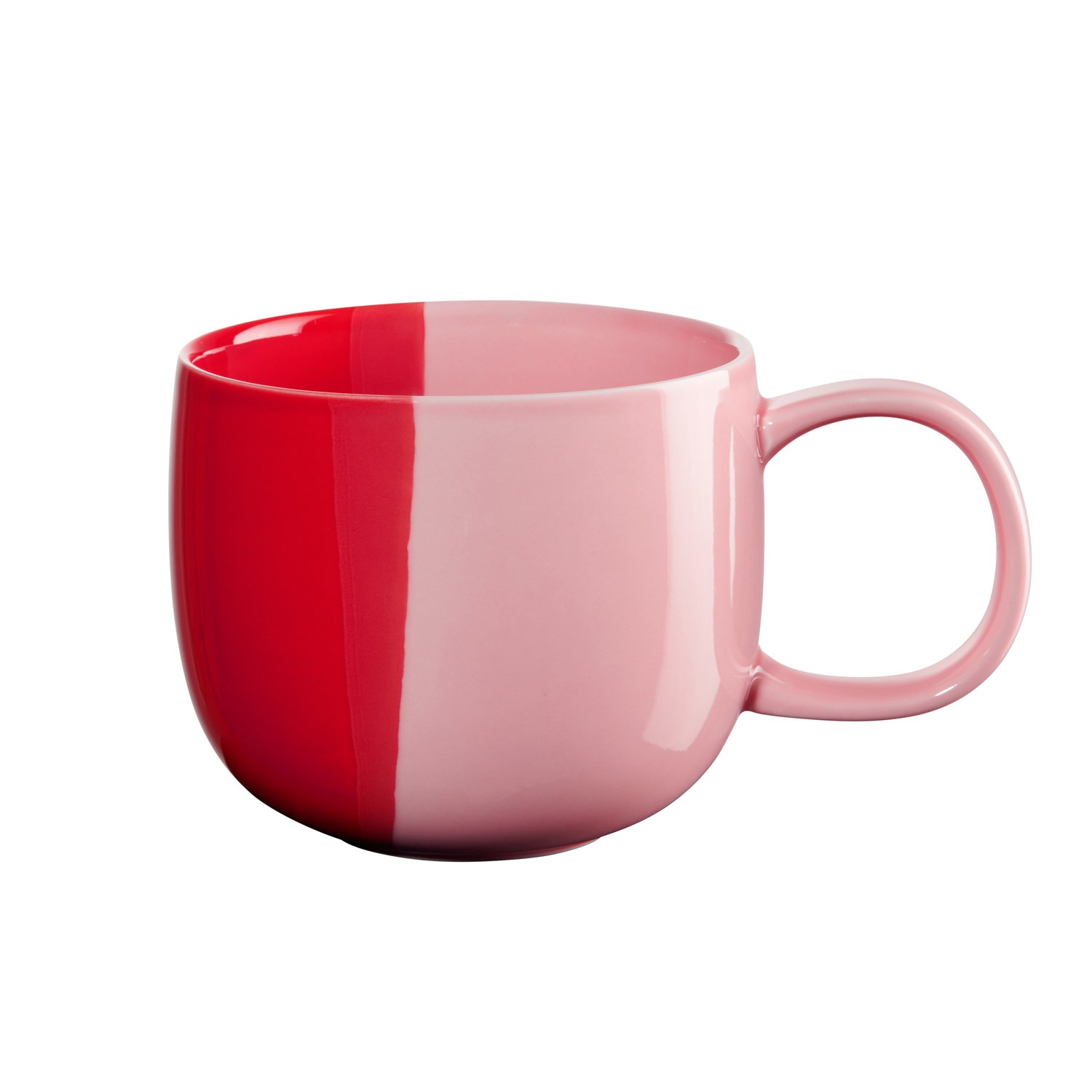 Two-tone red and pink ceramic mug with rounded handle for hot drinks
