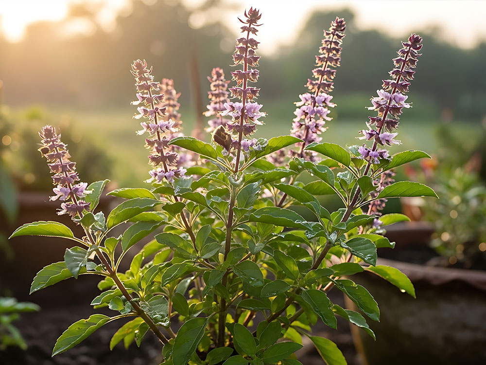 Flowering holy basil plant in a garden bed