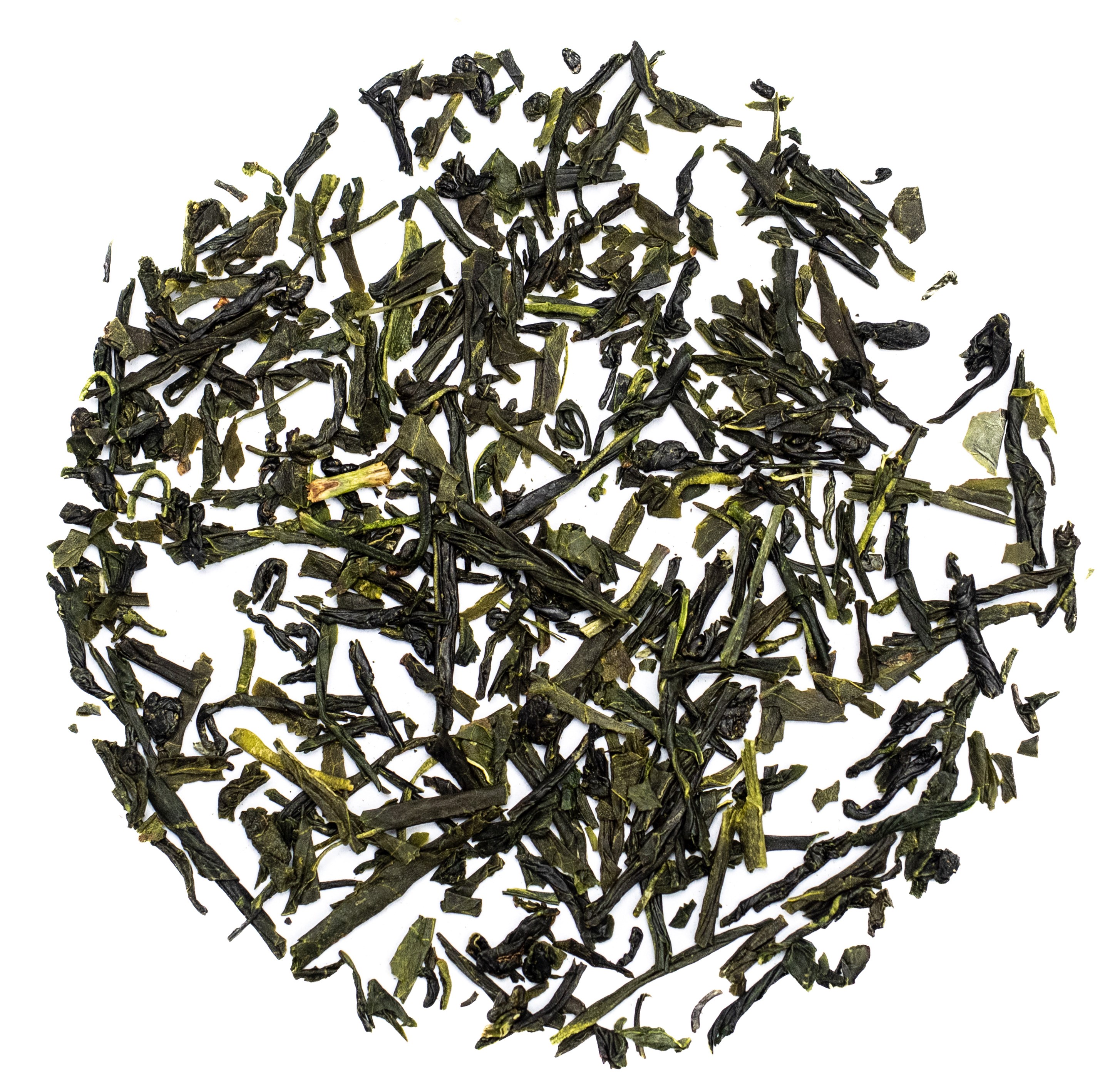 Nahaufnahme loser Blätter von japanischem Sencha Grüntee, Teeblätter, Grüner Tee, Blätter, Loose Tea, Tee-Zutaten