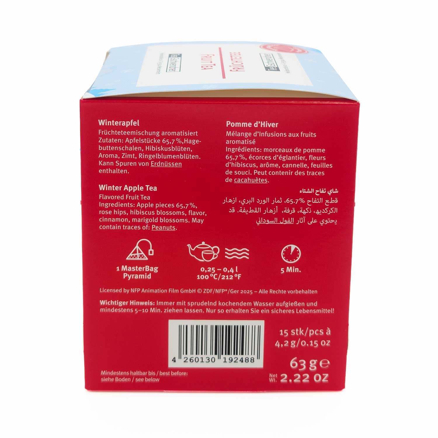 Rote Packung Winterapfel Früchtetee mit Zutatenangaben, Wintertee, Apfelstücke, Fruchttee, Pyramide, rote Verpackung