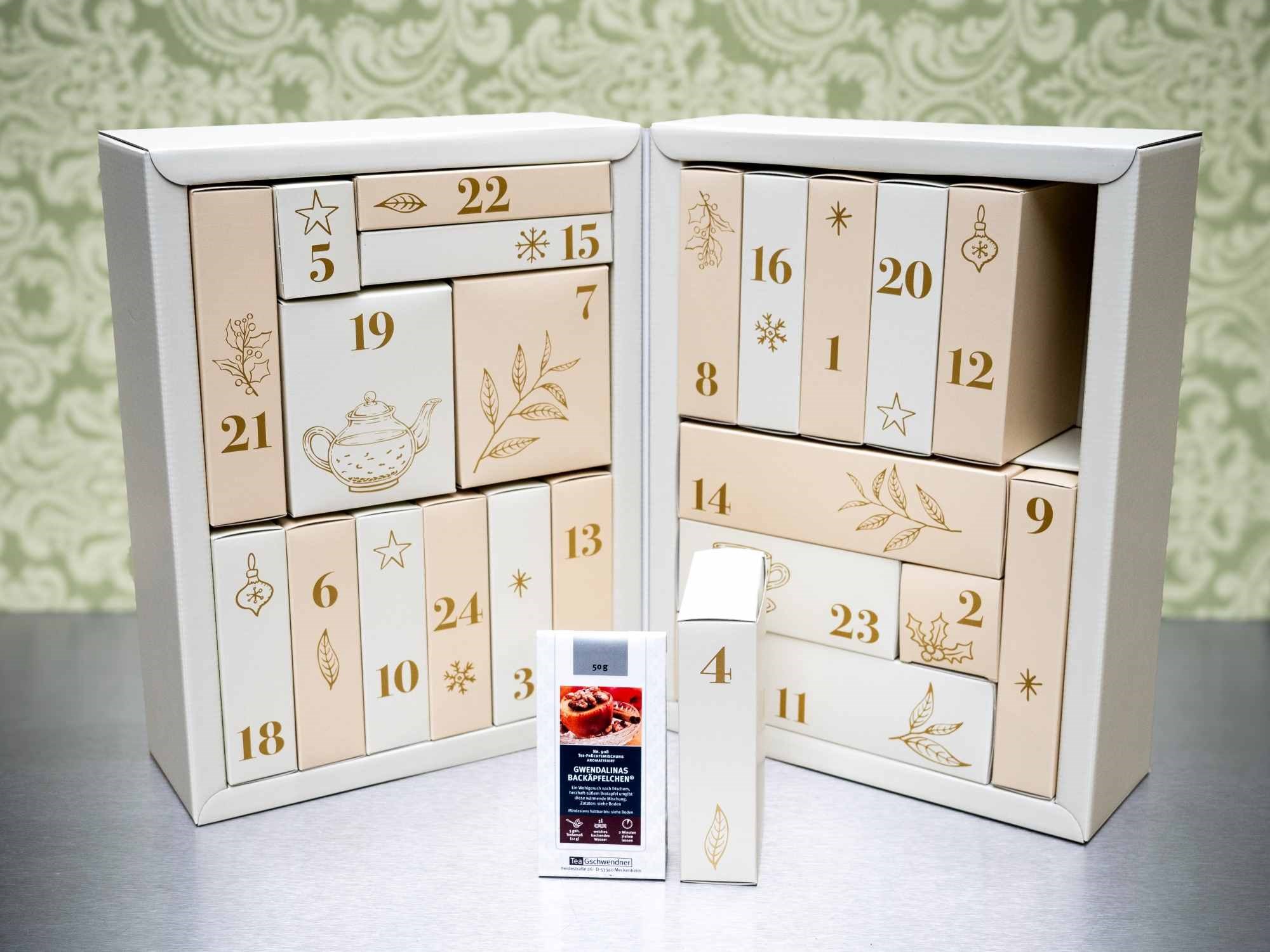 Beiger Adventskalender mit 24 Gewürz-Schachteln,  Adventskalender, Teekalender, Weihnachtskalender, Adventskalender Box, Beuteltee